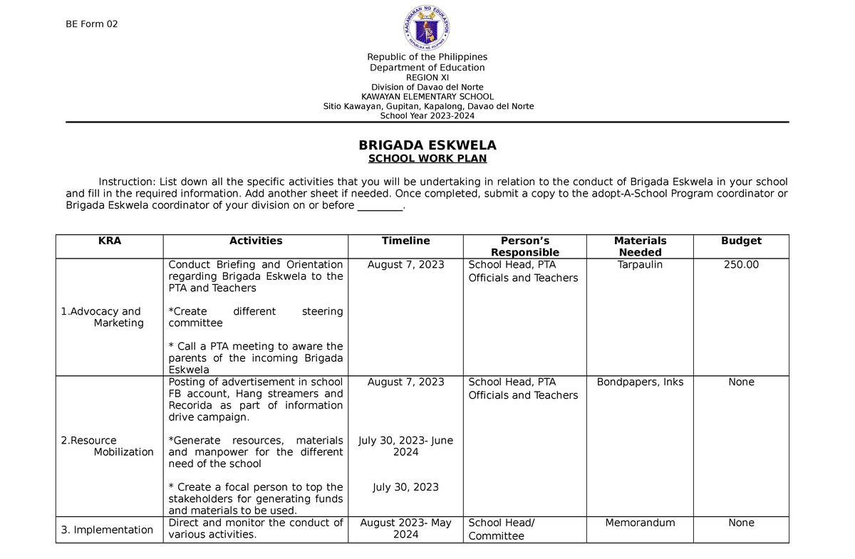 BE Form 2 School WORK PLAN BE Form 02 Republic Of The Philippines   Thumb 1200 785 