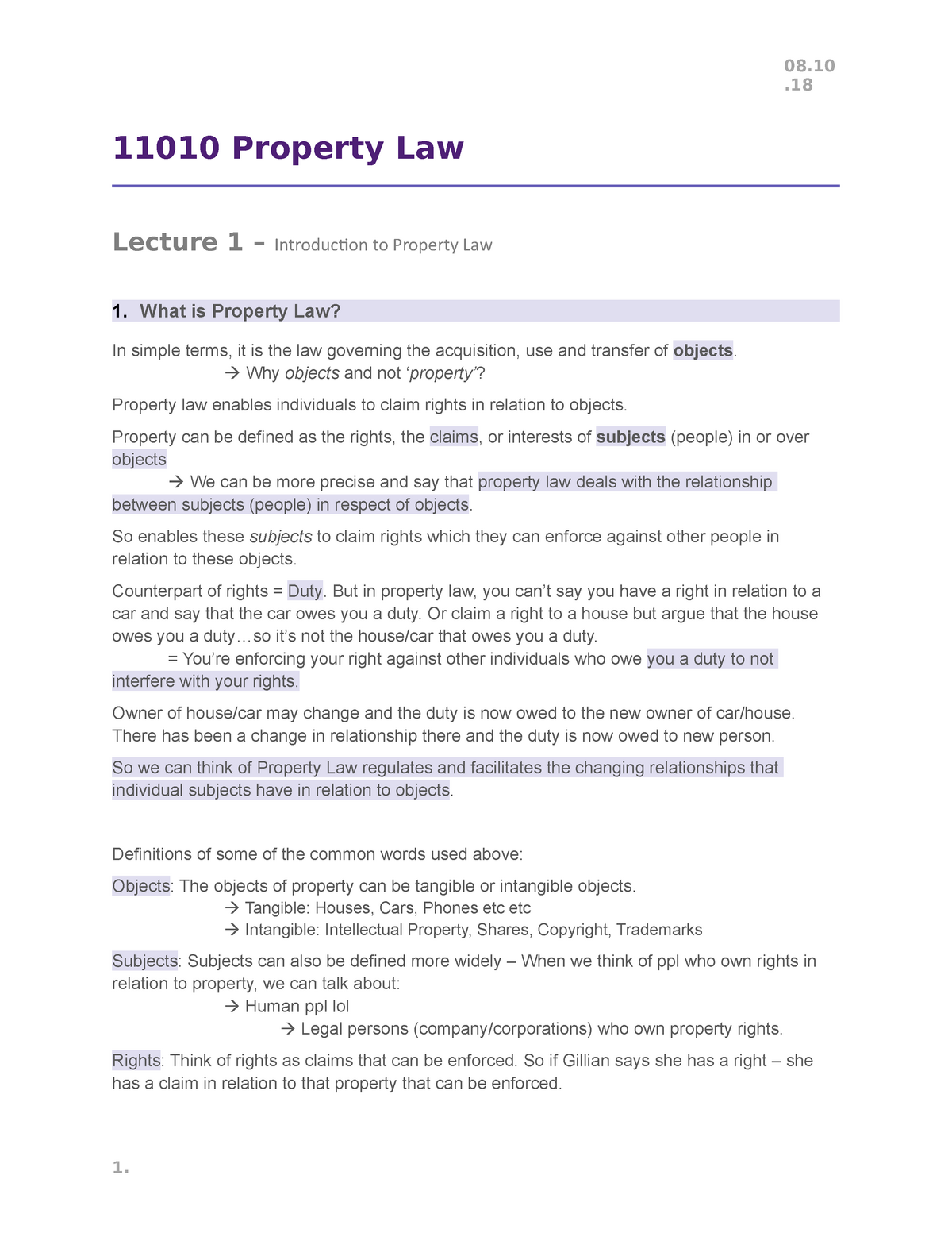 Lecture 1 - Introduction - 08. . 11010 Property Law Lecture 1 ...