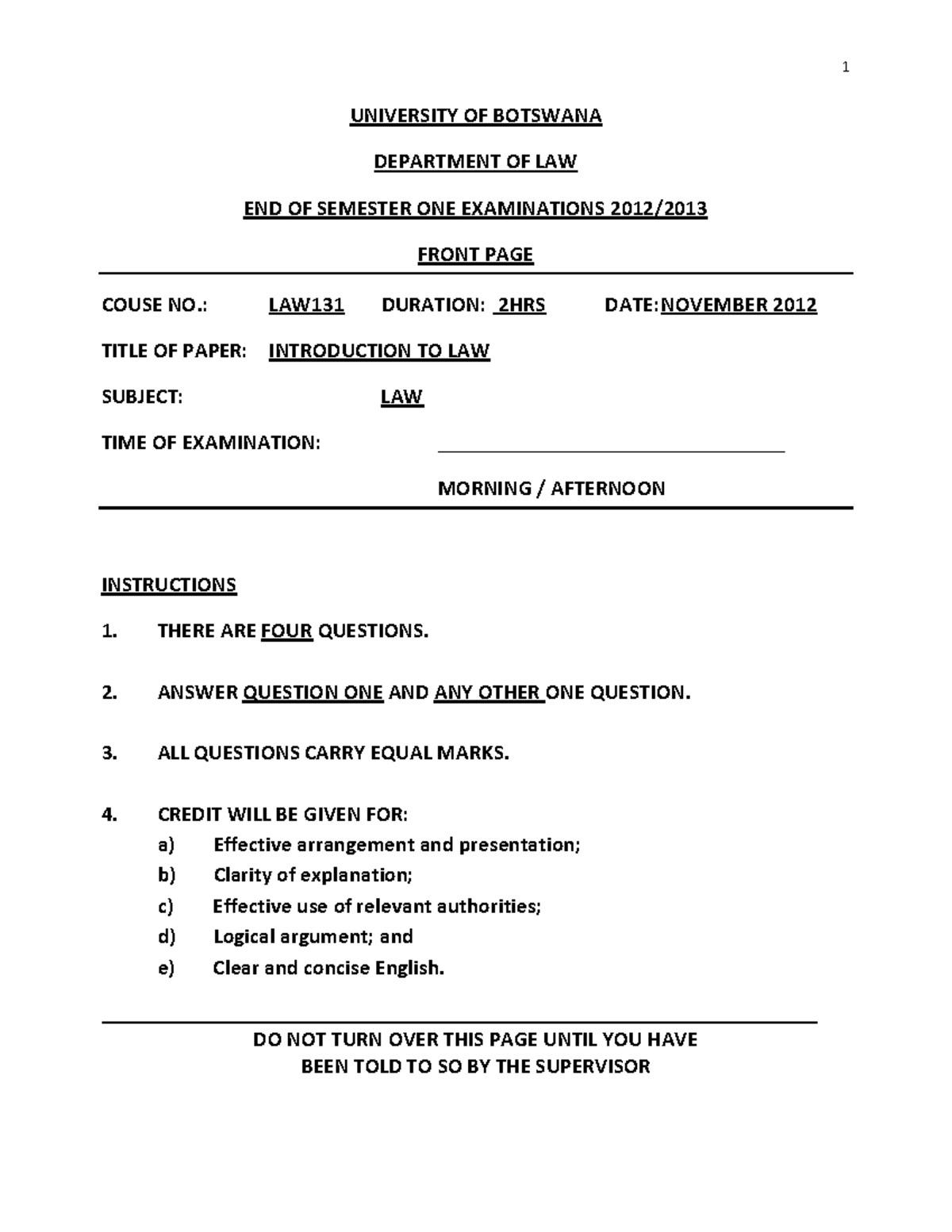 November 2012 - This is a past exam paper for Law 131, intro to law ...