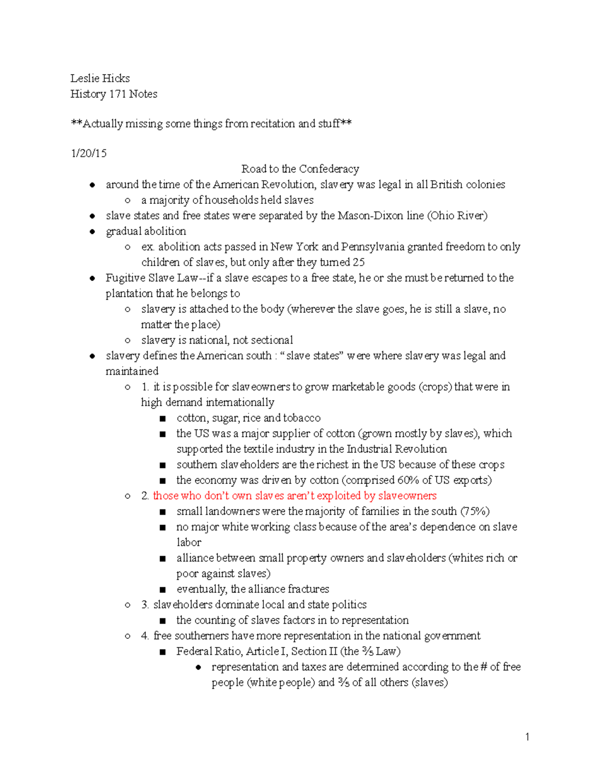 Notes - Leslie Hicks History 171 Notes Actually missing some things ...