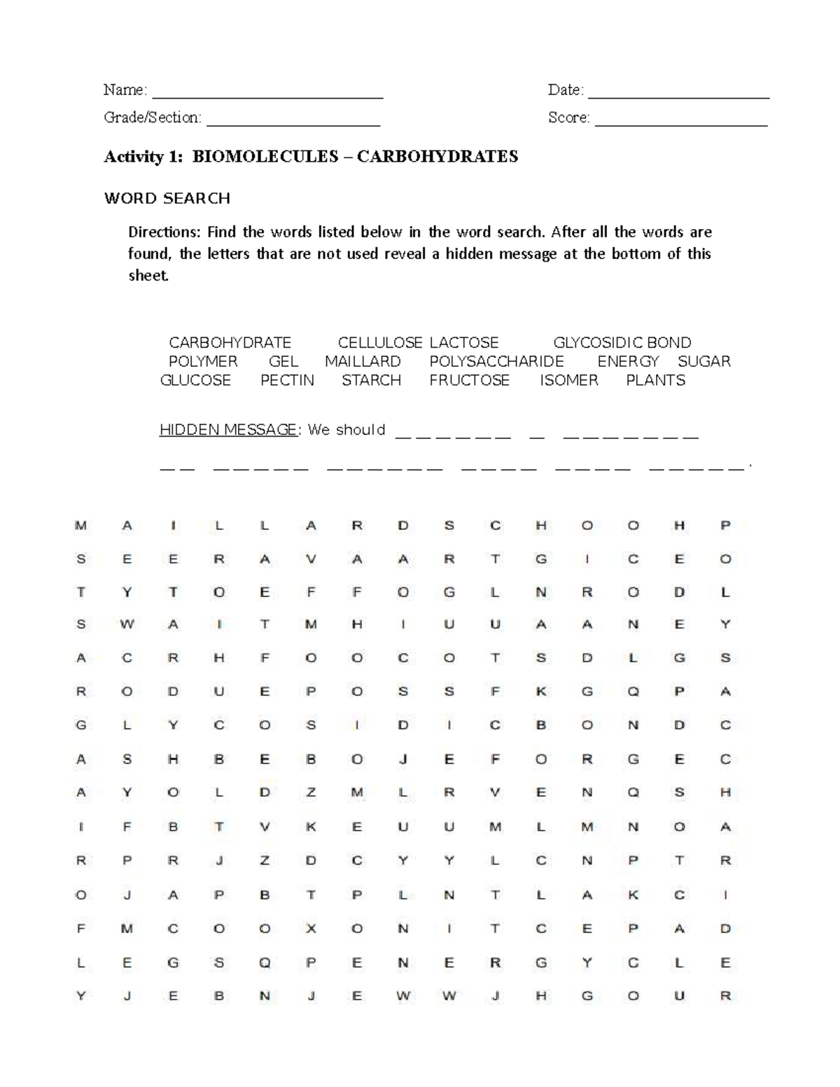 Activity biomolecules Name ____________________________ Date