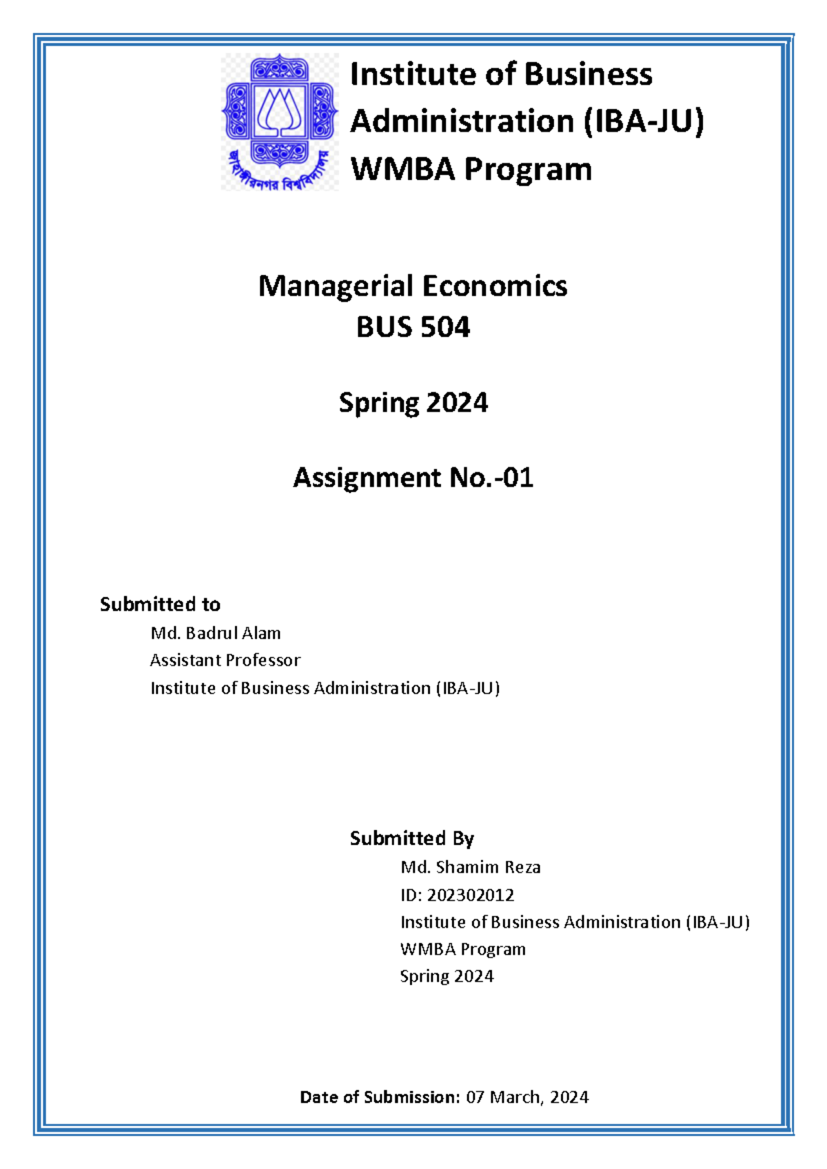 Assignment-1 mandatory - Business Administration - Institute of ...