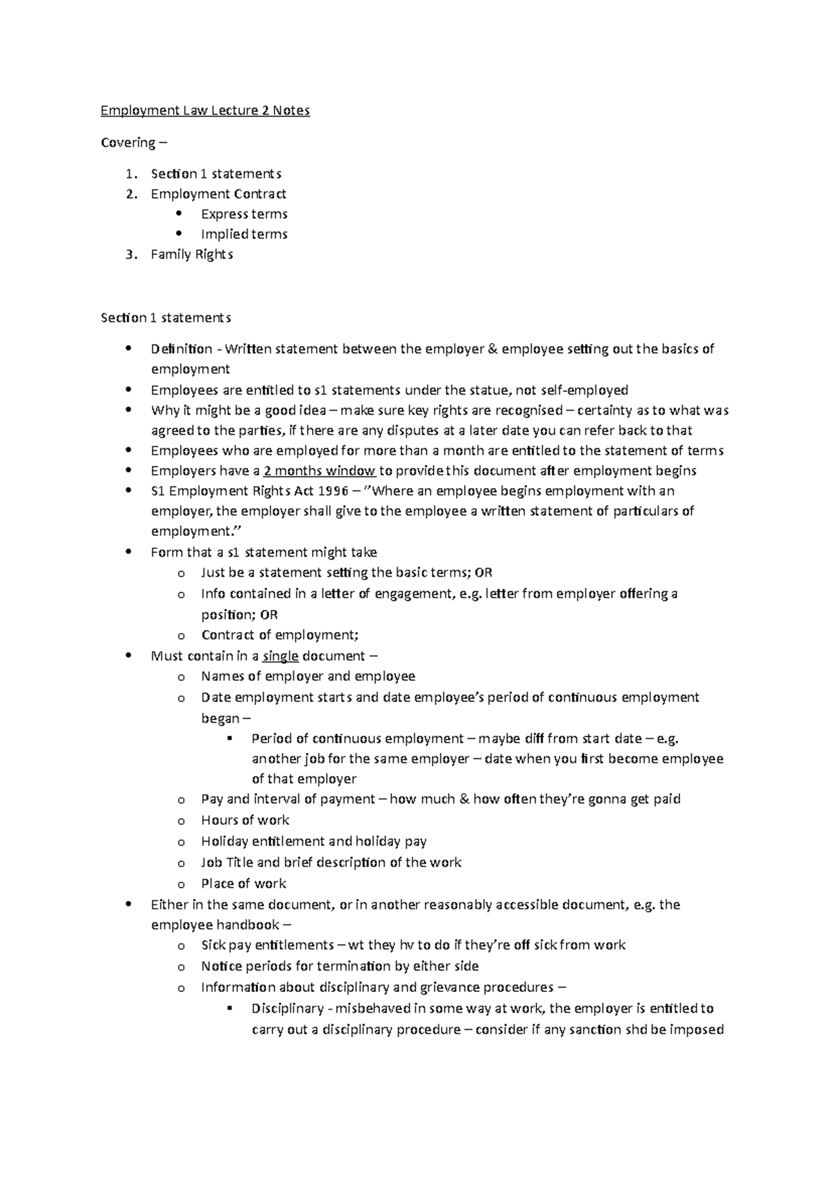 Employment Law Lecture 2 Notes - Employment Law Lecture 2 Notes ...