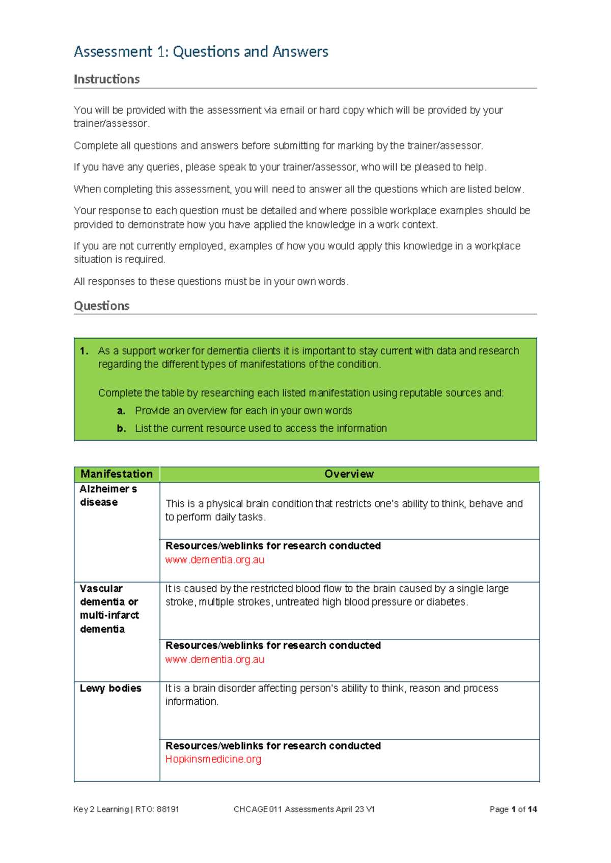 Chcage 011 - Assessment 1 Questions and Answers - Assessment 1 ...