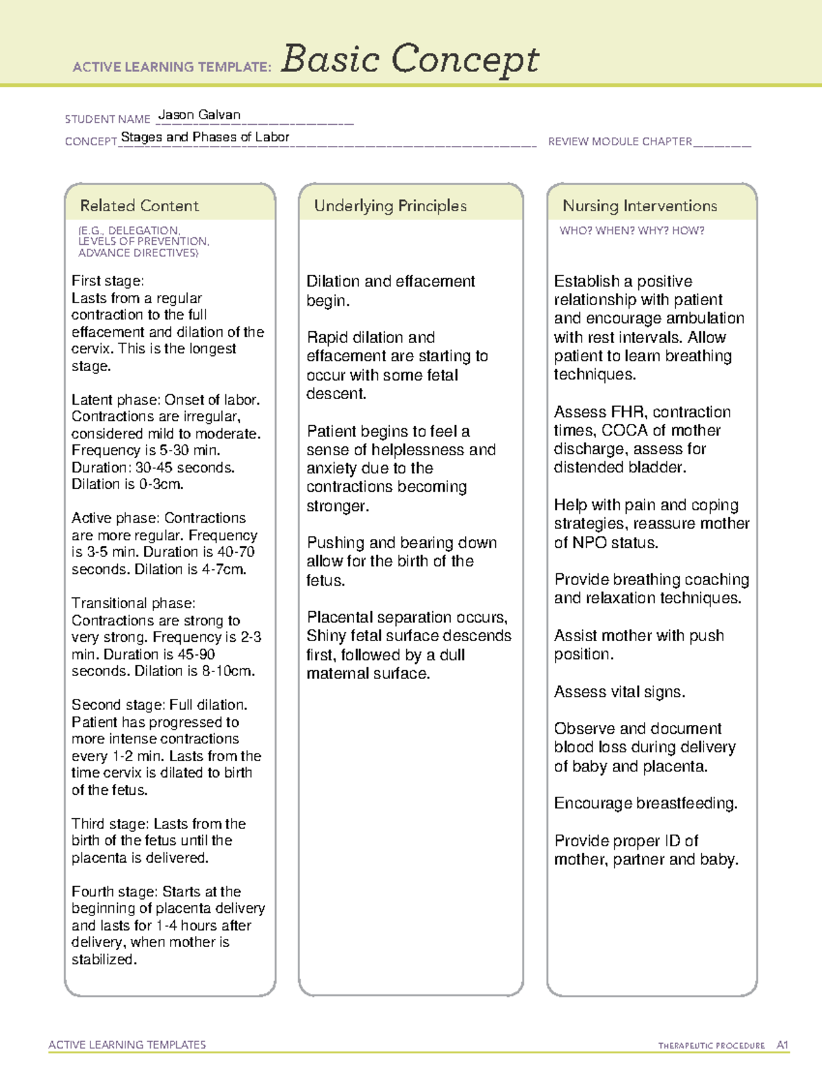 JGalvan ATI Basic Concept Stages and Phases of Labor ACTIVE LEARNING