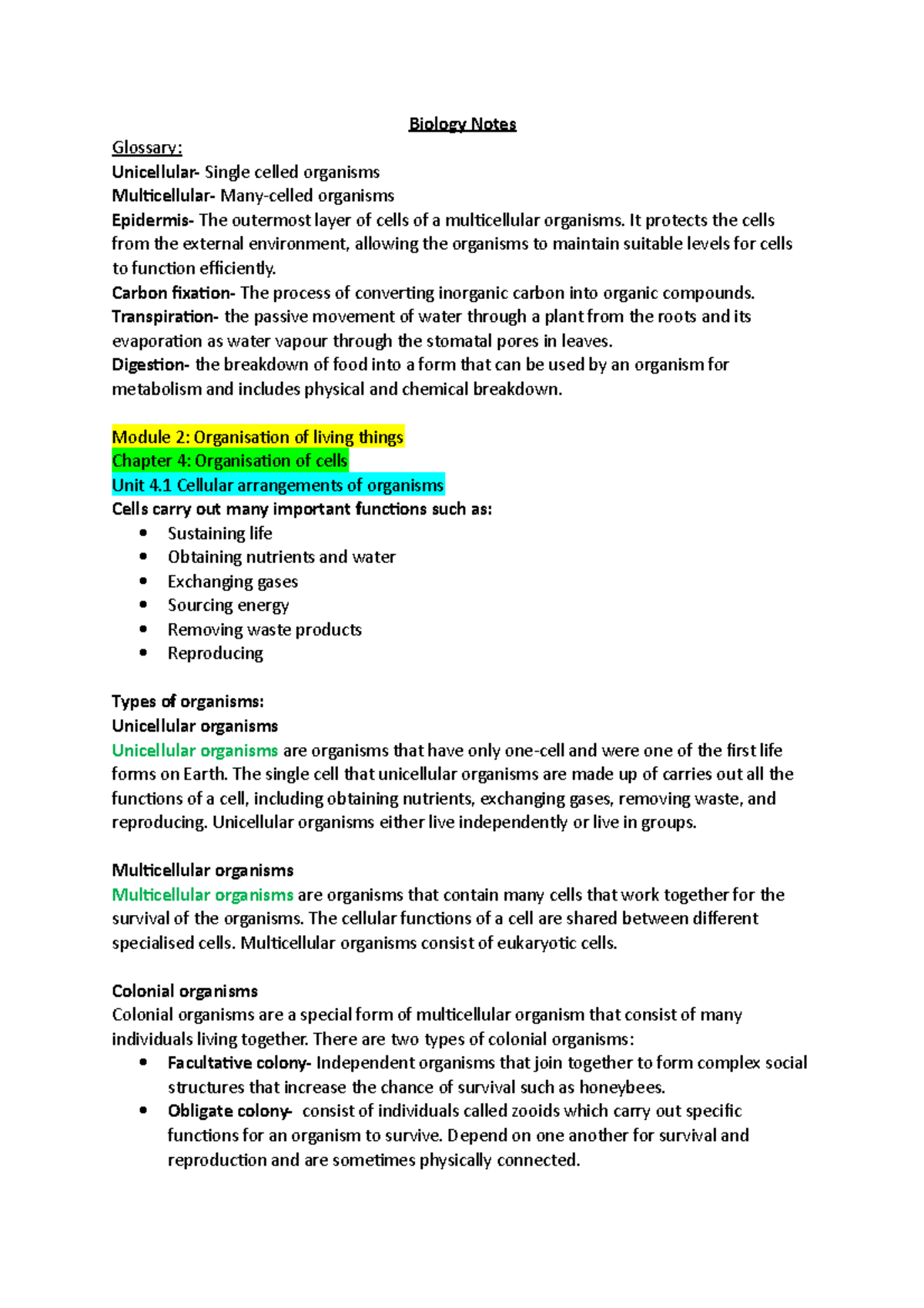 BIOLOGY MODULE 2 STUDY NOTES (YEAR 11) - Biology Notes Glossary ...