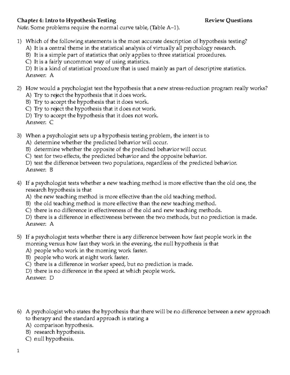 Chapter 4 review questions Chapter 4 Intro to Hypothesis Testing