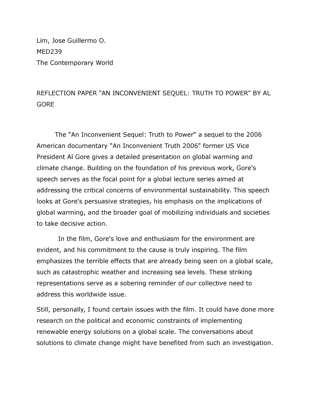 an inconvenient truth reflection essay