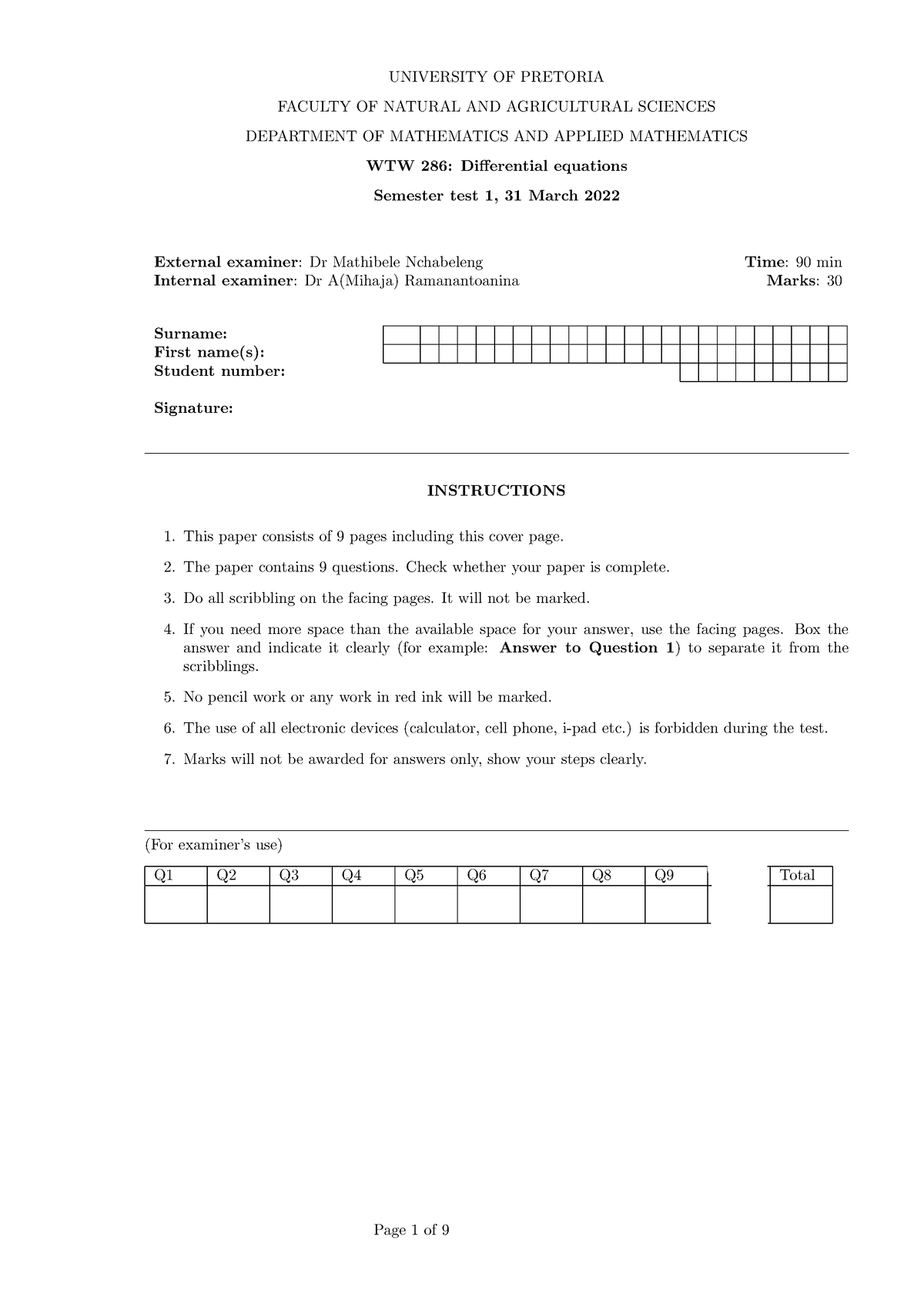 Wtw286 S1 2022 Semester Test 1-memo - University Of Pretoria Faculty Of 