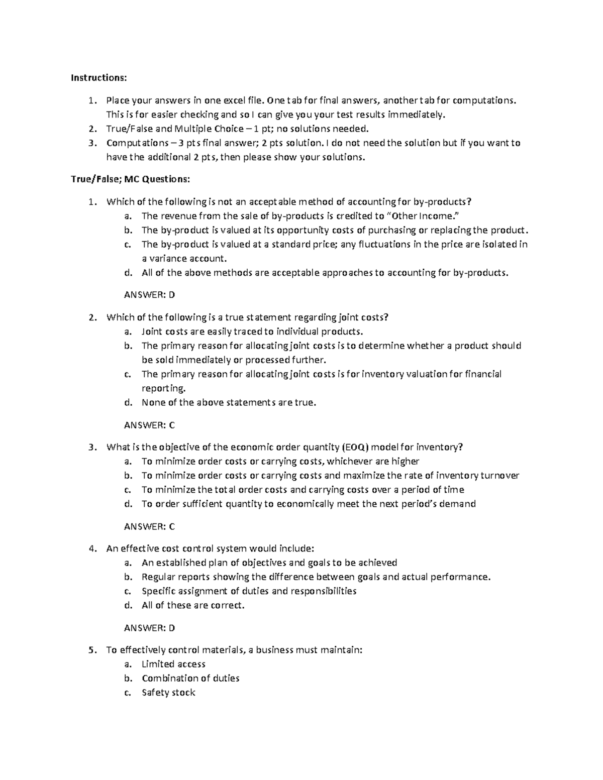 Quiz_Cost Accounting - Instructions: tlace your answers in one excel ...