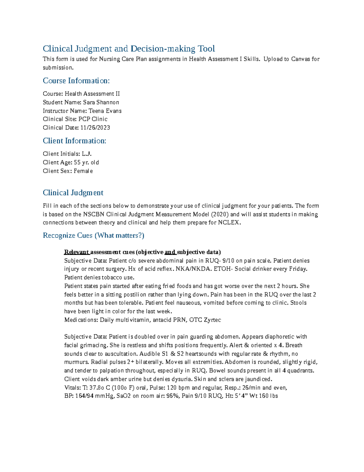 clinical judgment case study 2 ati