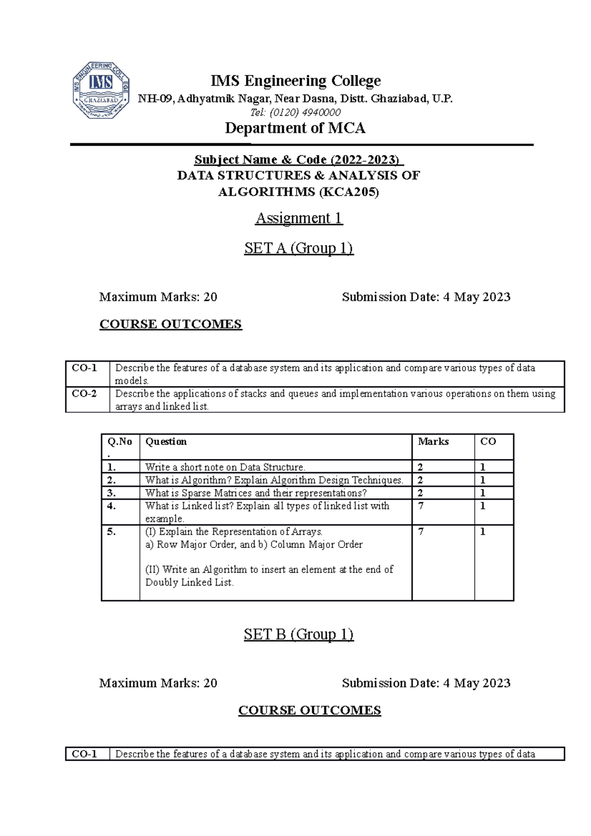 Assigment Kca205 Ds Notes Ims Engineering College Nh 09 Adhyatmik Nagar Near Dasna