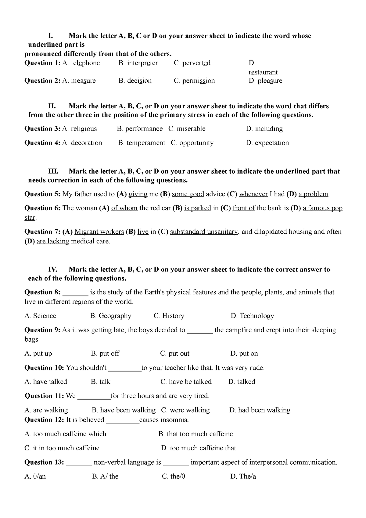 Www - đề Thi Tiếng Anh - I. Mark The Letter A, B, C Or D On Your Answer ...