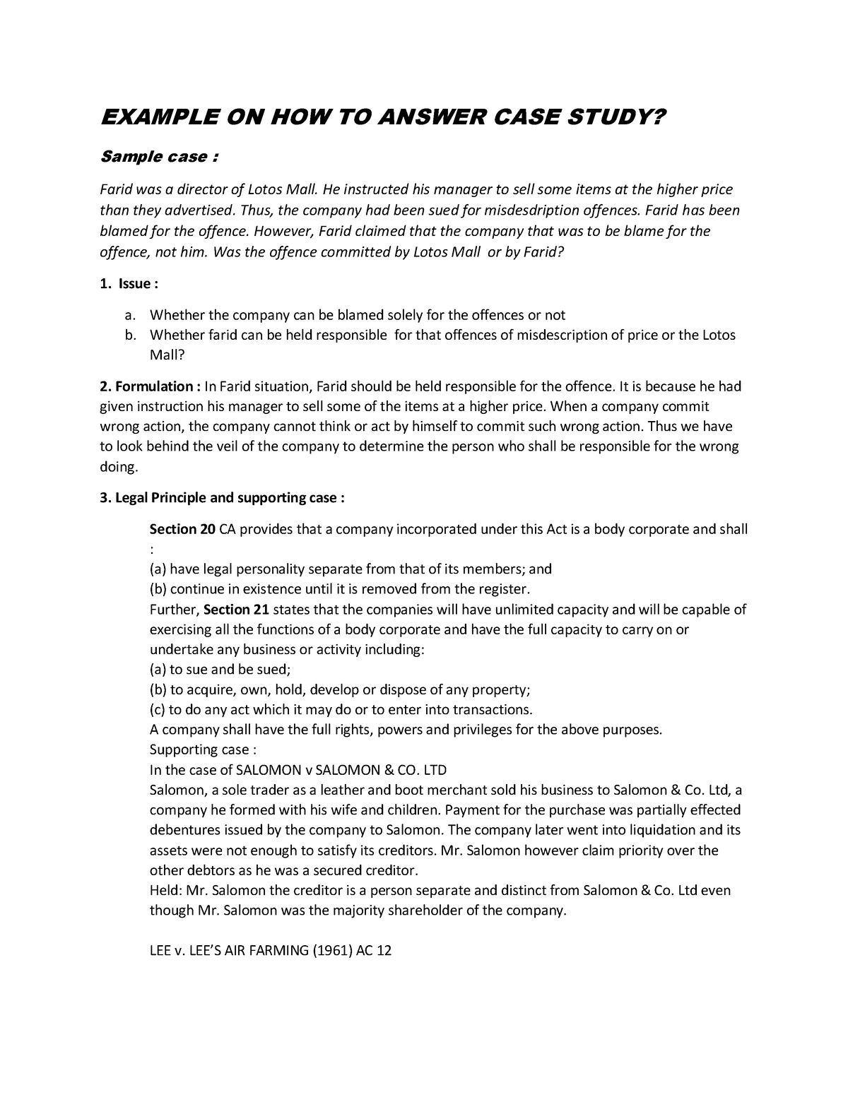 Example ON HOW TO Answer CASE Study EXAMPLE ON HOW TO ANSWER CASE 