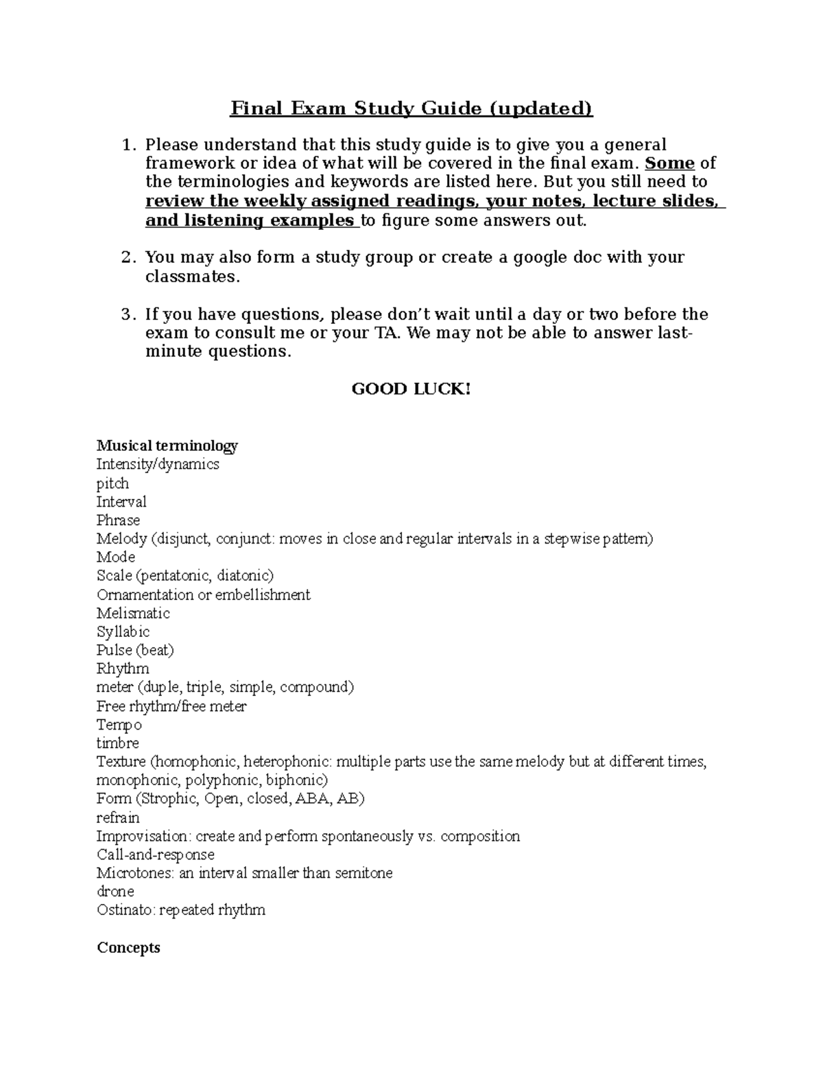 Final exam study guide Summary Introduction To World Music Final