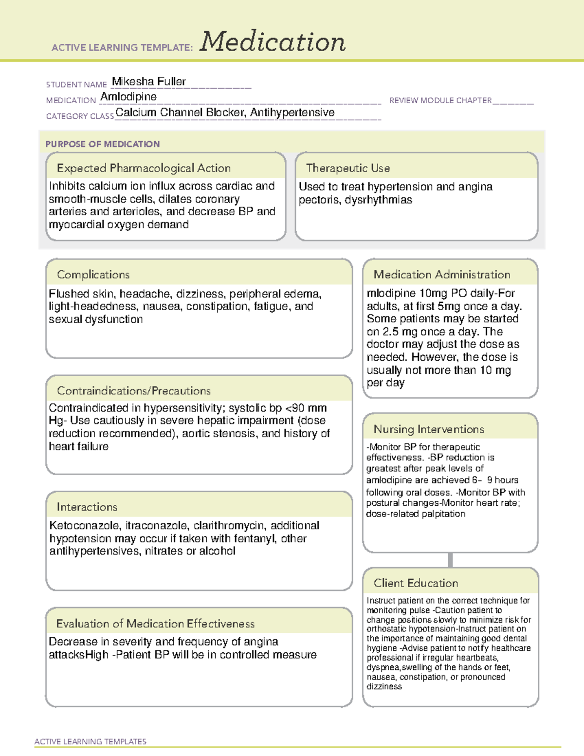 Amlodipine medication template - ACTIVE LEARNING TEMPLATES Medication ...