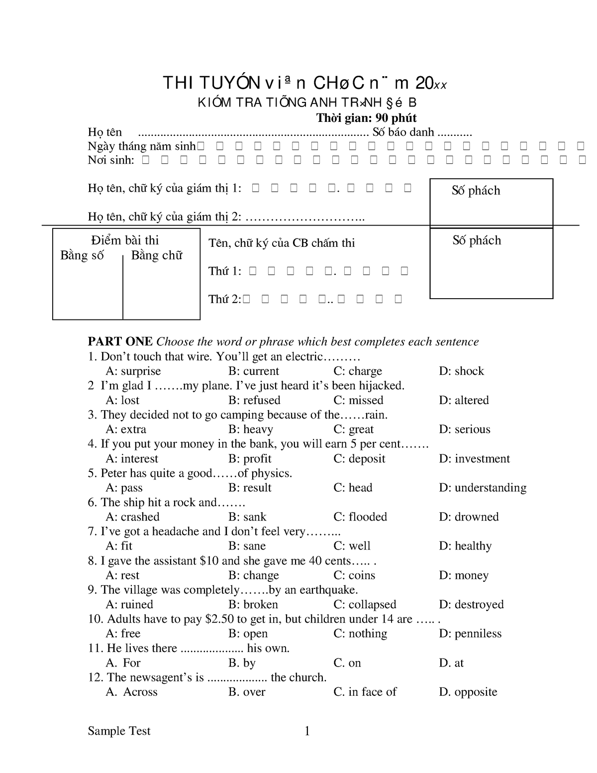 Sample Test Of Level B - THI TUYÓN V I ª N CHø C N ̈ M 20xx K I ÓM TRA ...