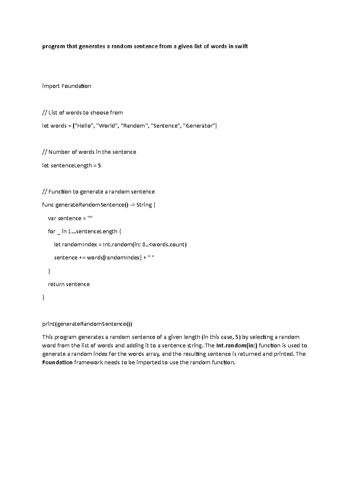 Swift sentence program that generates a random sentence from a given