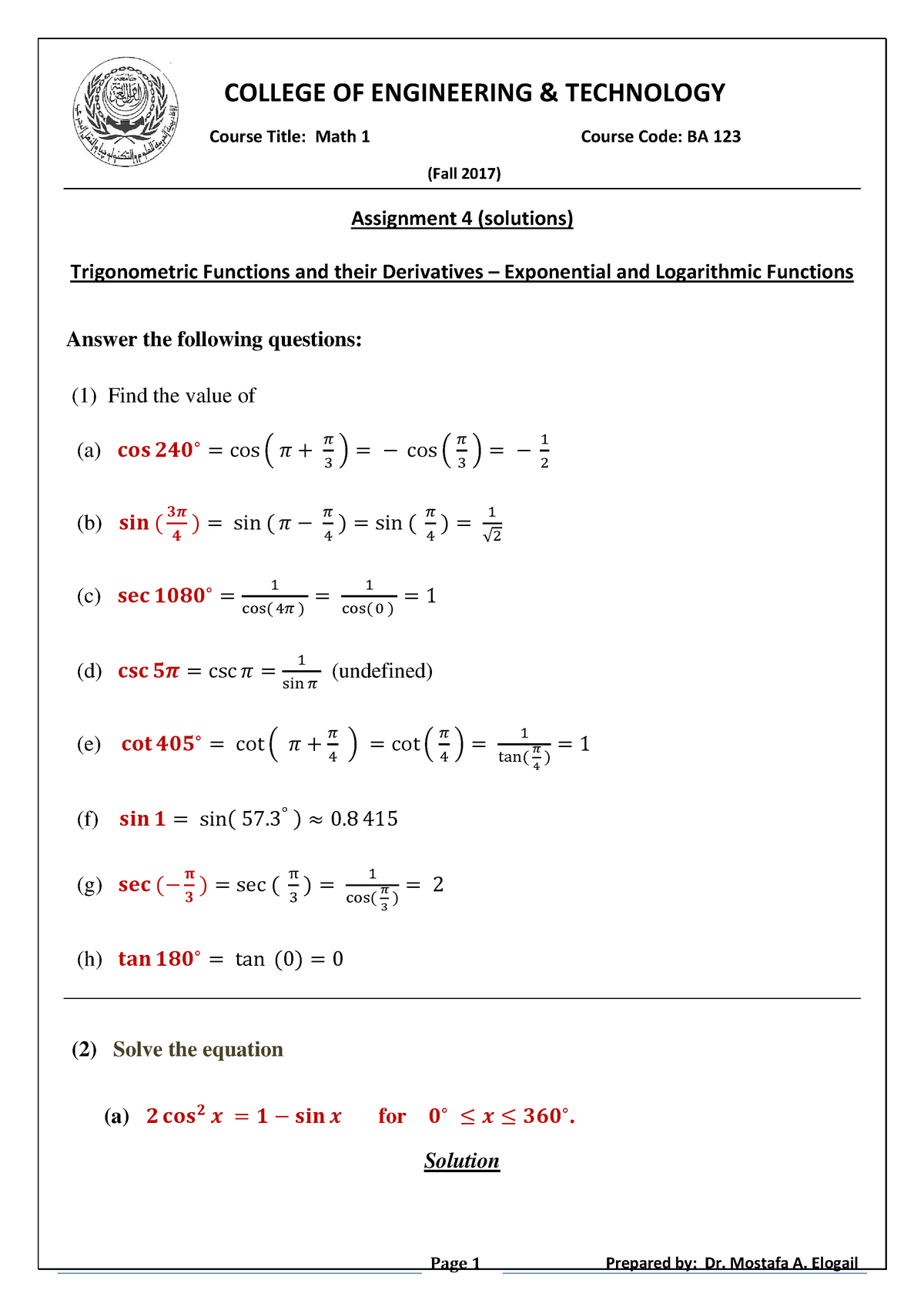 4 Trigonometric Functions And Their Derivatives Exponential And Logarithmic Functions College Studocu