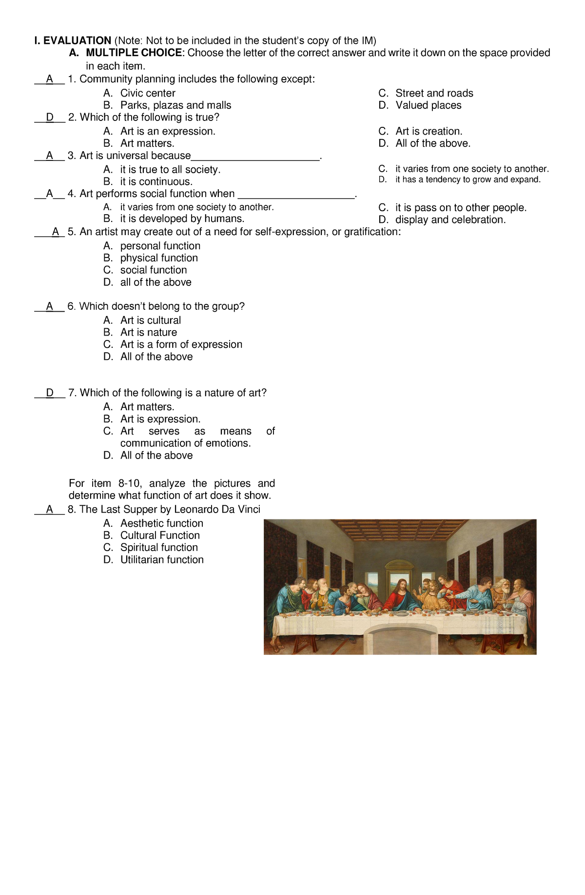 Art Appreciation - Chapter Quiz - I. EVALUATION (Note: Not To Be ...