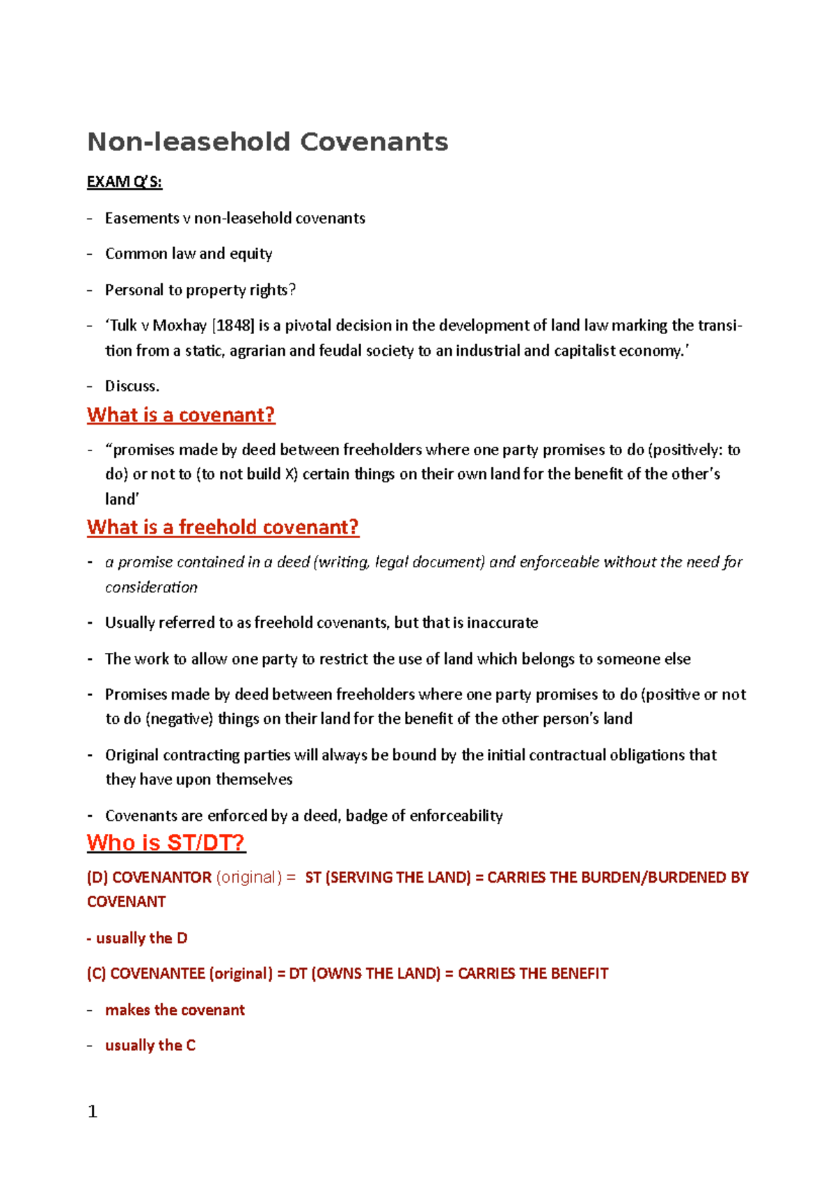 Freehold Covenants - Non-leasehold Covenants EXAM Q ’S: Easements v non ...