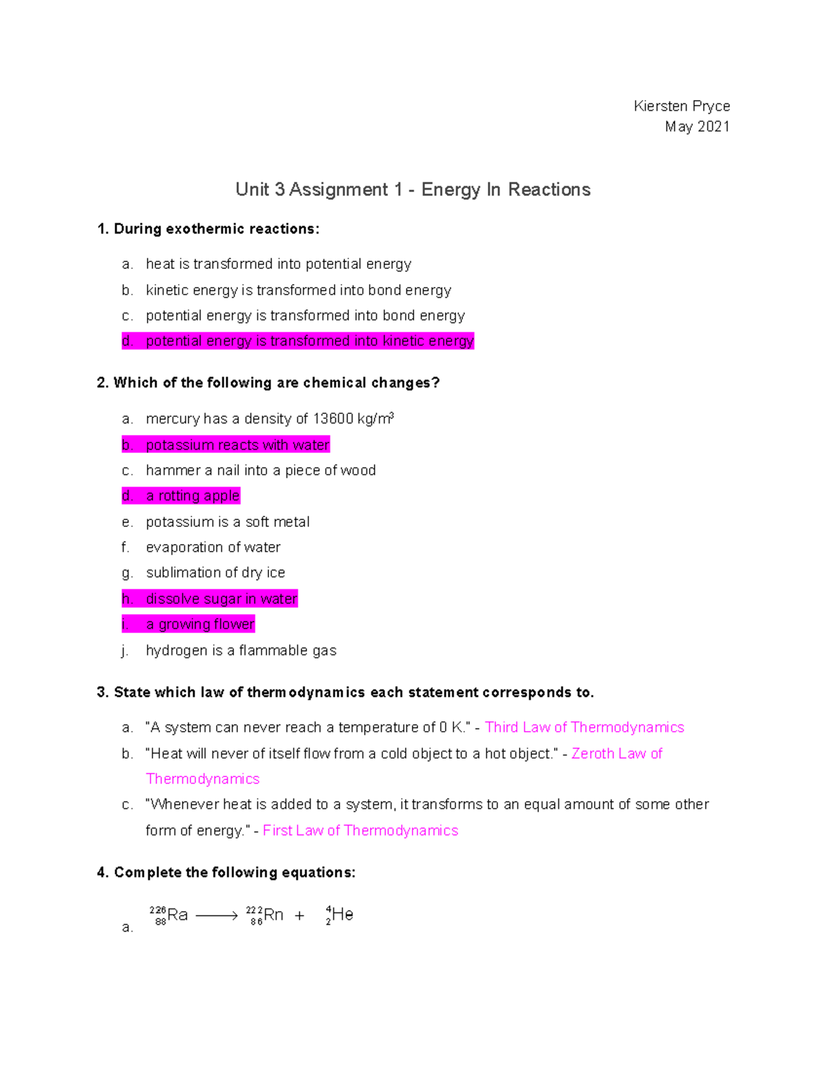 Unit 3 Assignment 1 - Chemistry - Kiersten Pryce May 2021 Unit 3 ...