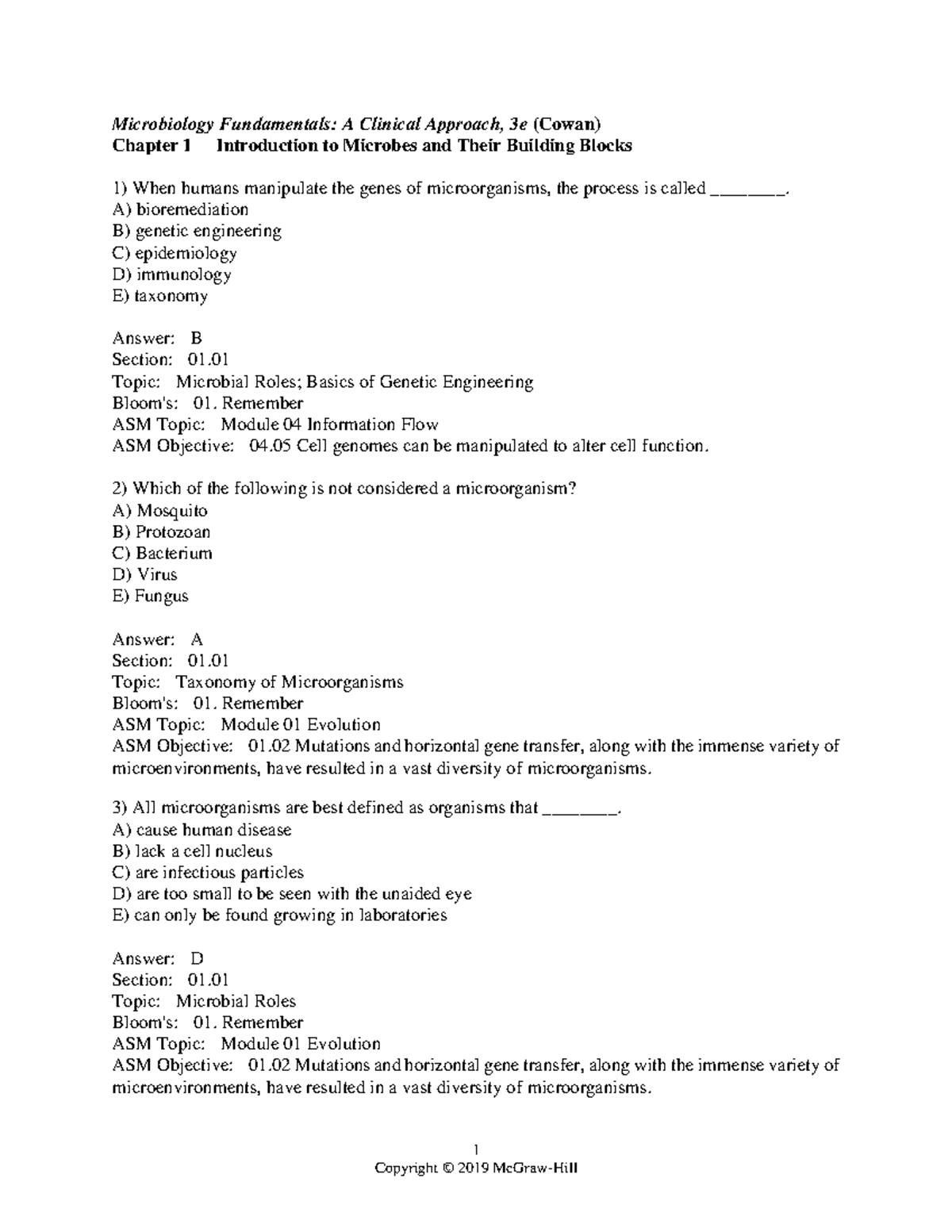 Cowan 3e chapter 01 tb answerkey - 1 Microbiology Fundamentals: A ...