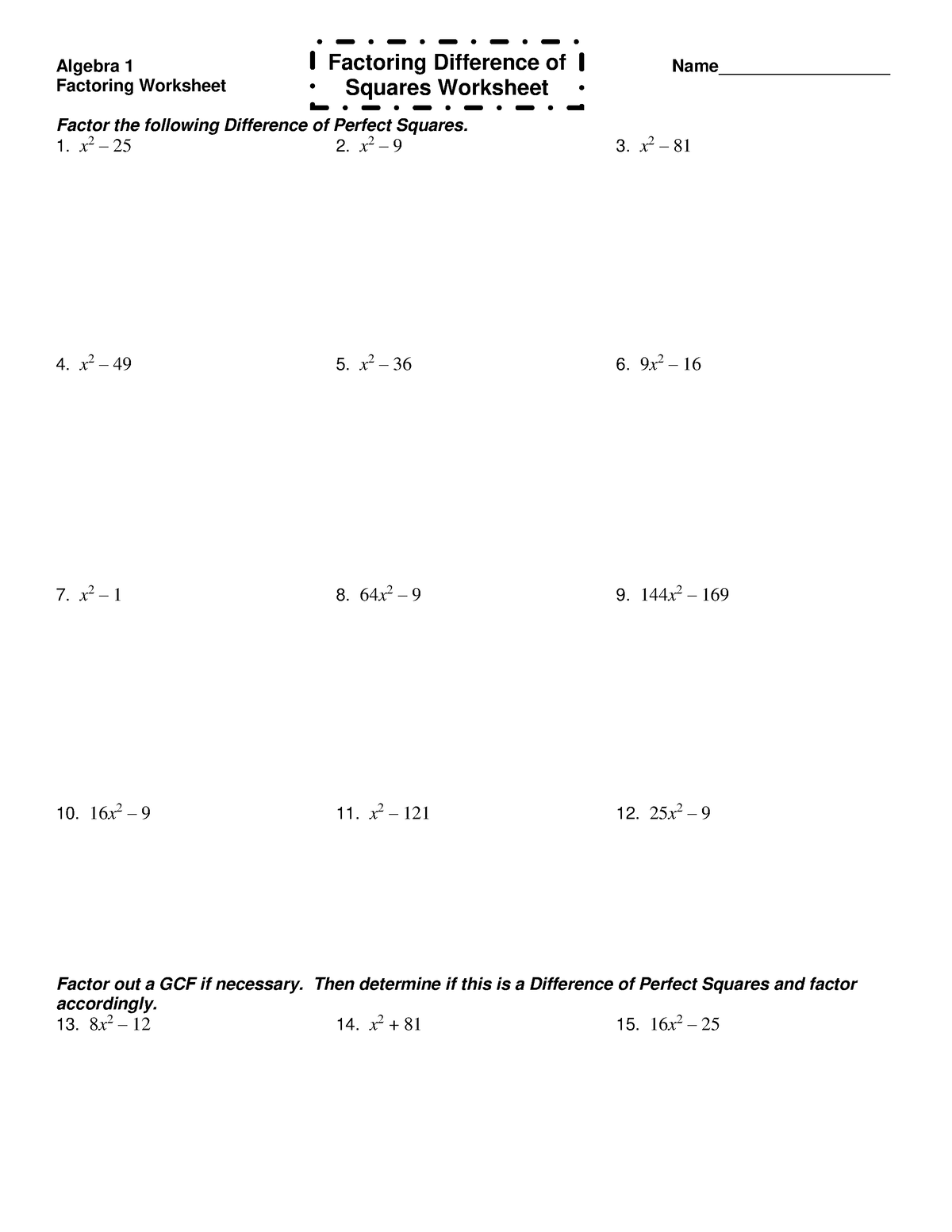 2 Difference of Squares 2j4n6qs - Algebra 1 Name ...