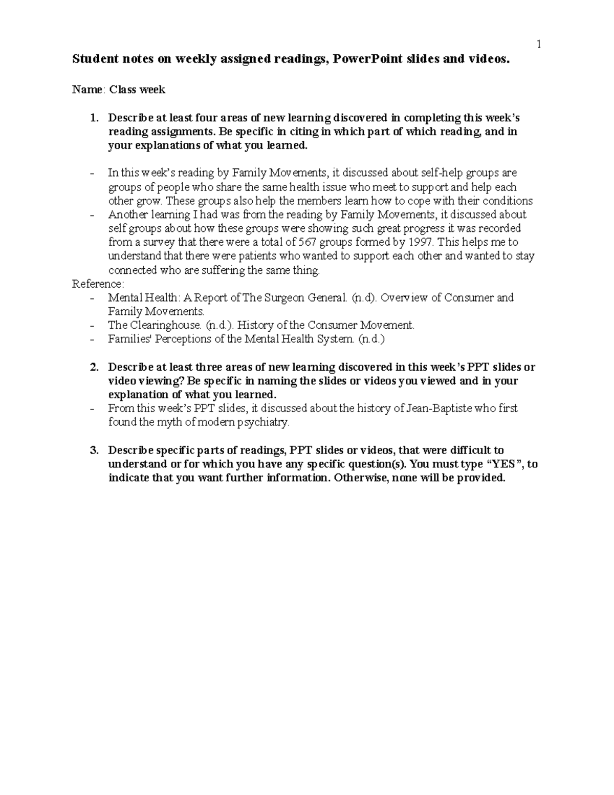 Form for Reflective Notes - Student notes on weekly assigned readings ...