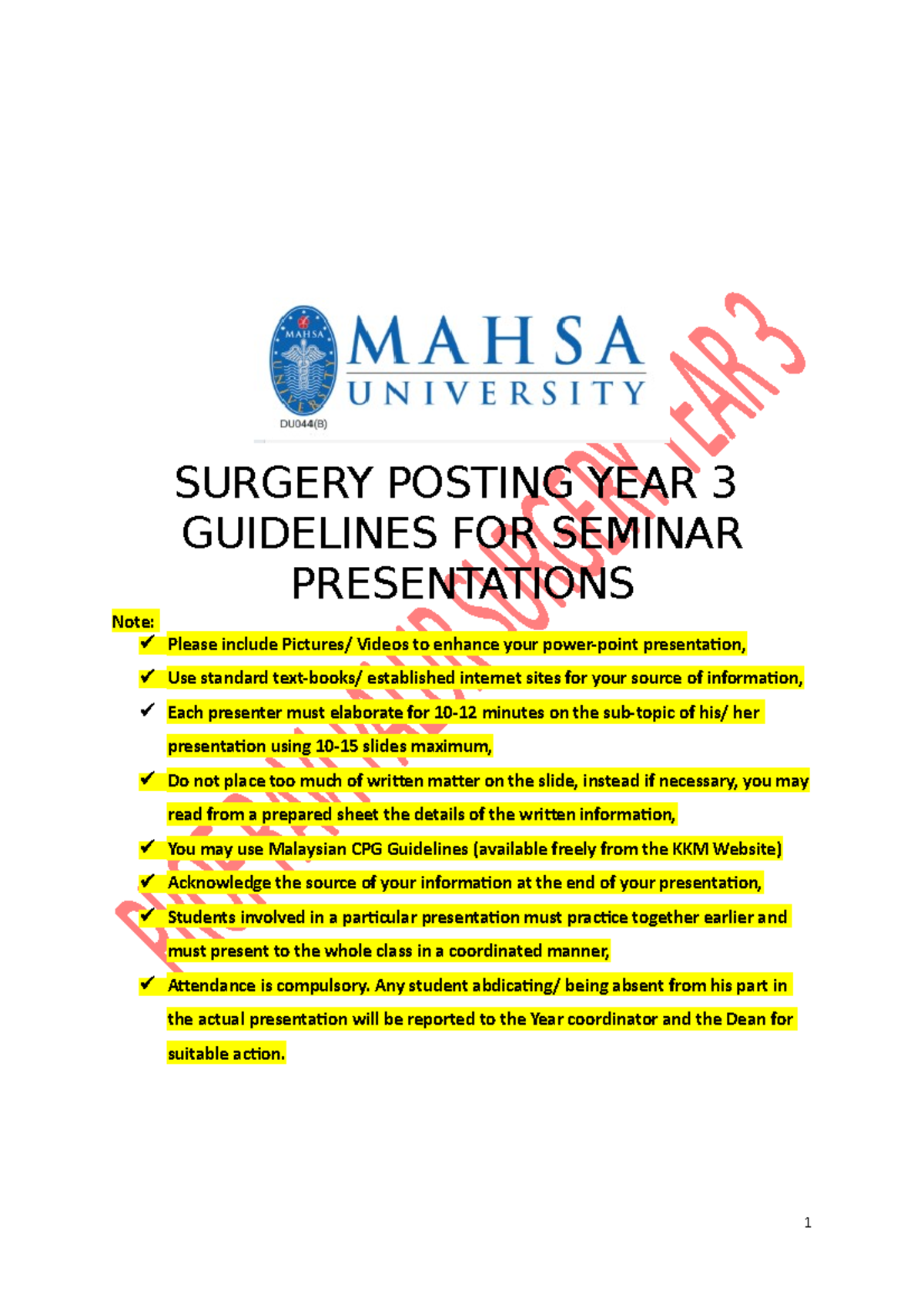 Surgery Posting YEAR 3 Guidelines FOR Seminar Presentations - SURGERY ...