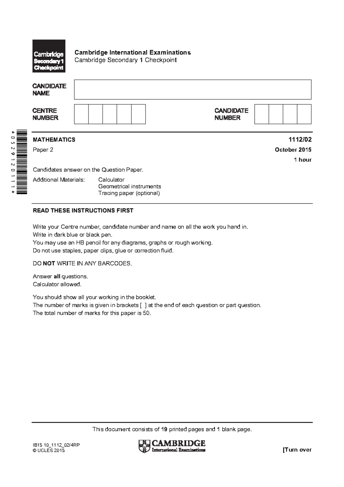 Secondary Checkpoint - Math (1112) October 2015 Paper 2 - This Document ...