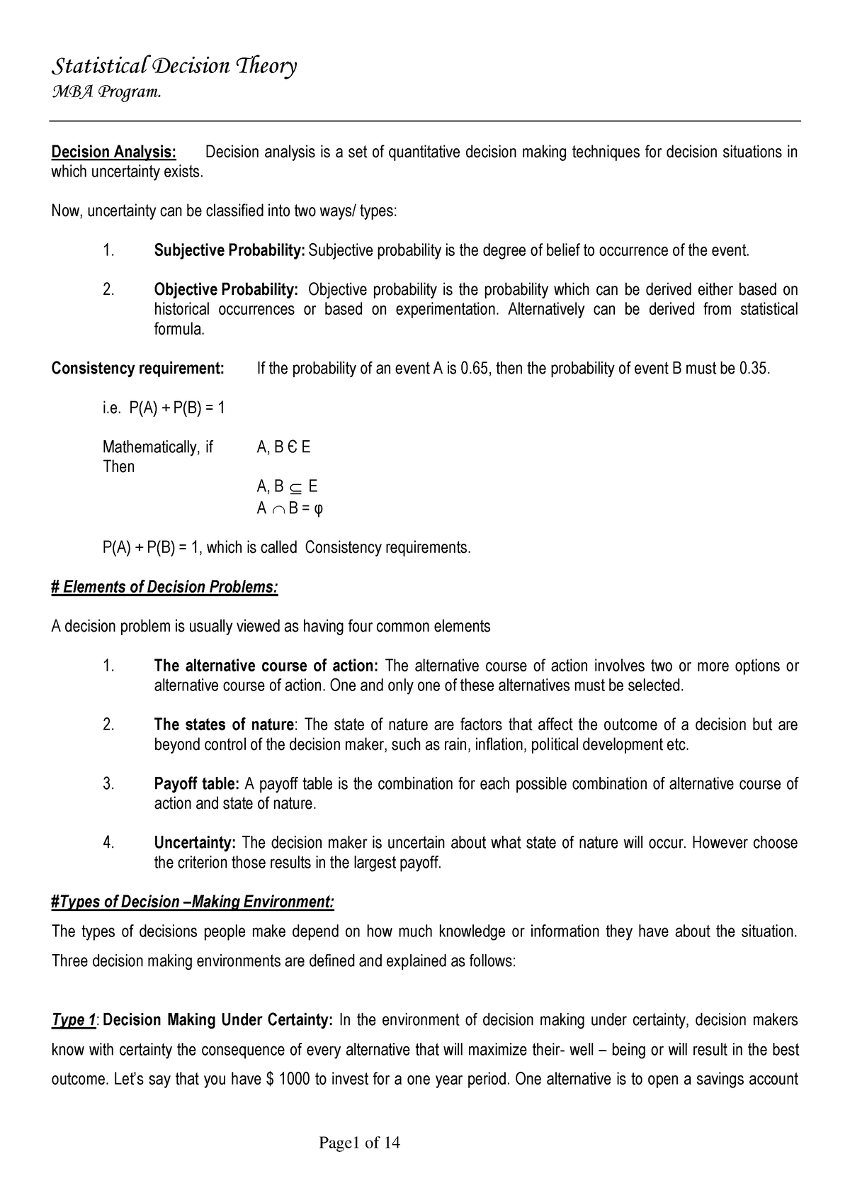 6. Statistical Decision Theory - MBA Program. Decision Analysis ...