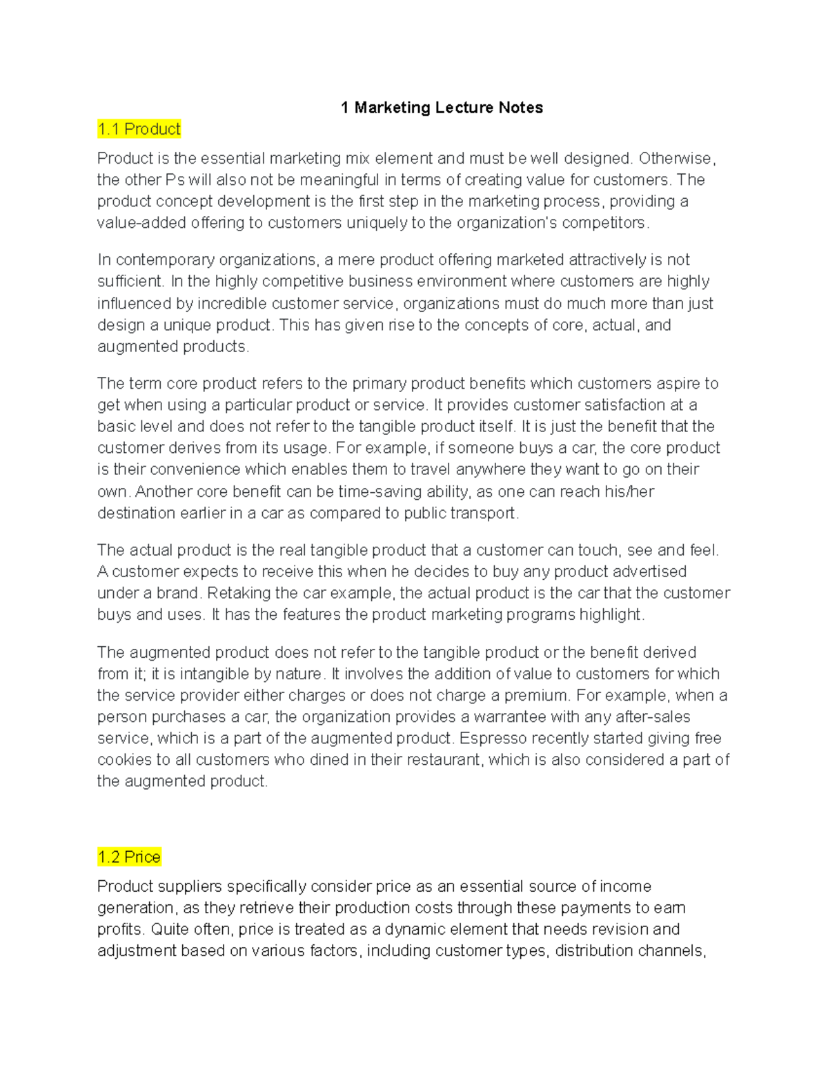 1 Marketing Lecture Notes - Otherwise, the other Ps will also not be ...