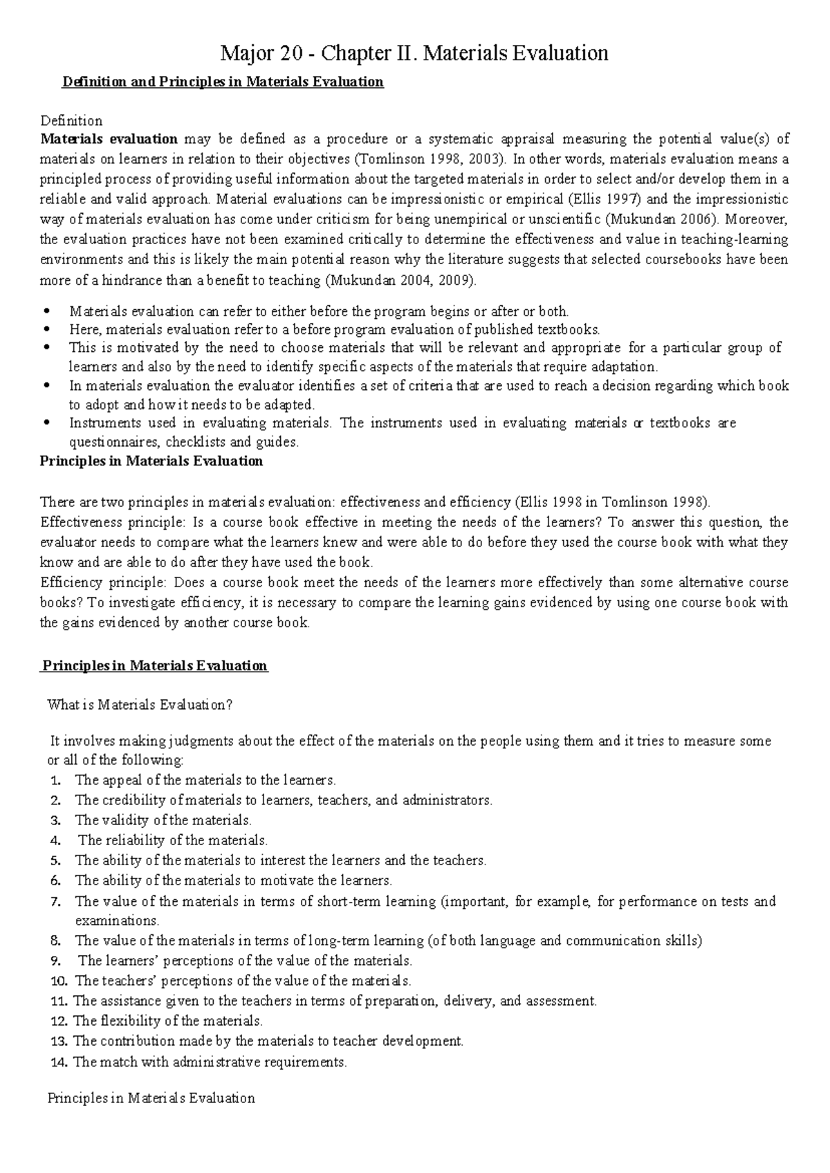 Major 20 - Chapter II. Materials Evaluation - Major 20 - Chapter II ...