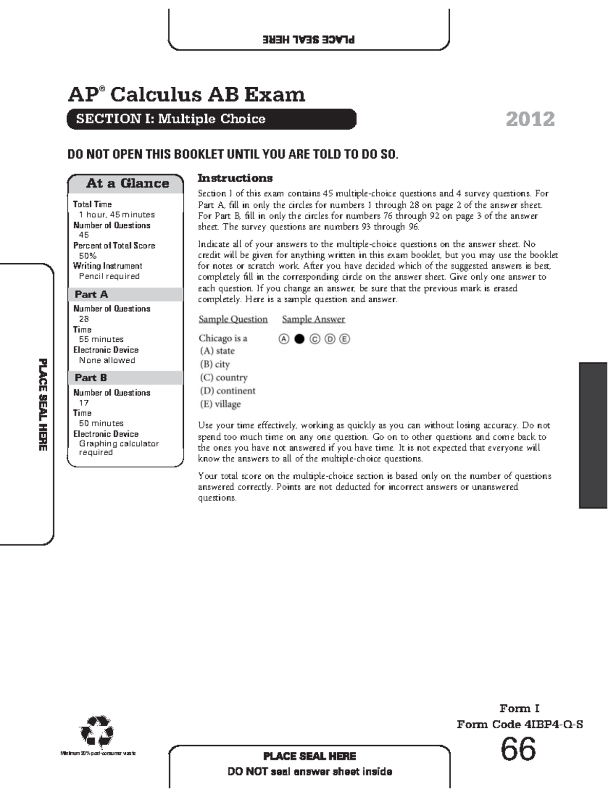 Ap calculus ab practice exam 2012 At a Glance Total Time 1 hour, 45