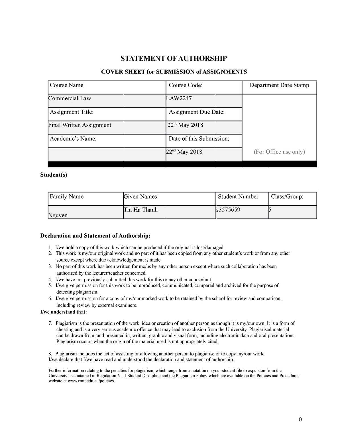 Written Assignment s3575659 Group 5 - STATEMENT OF AUTHORSHIP COVER ...