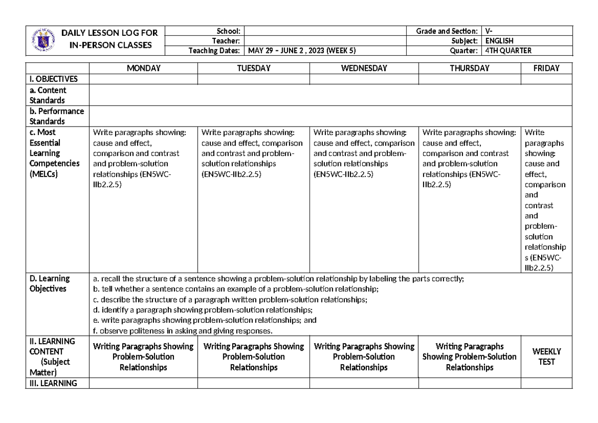 English 5 WEEK 5 - none - DAILY LESSON LOG FOR IN-PERSON CLASSES School ...