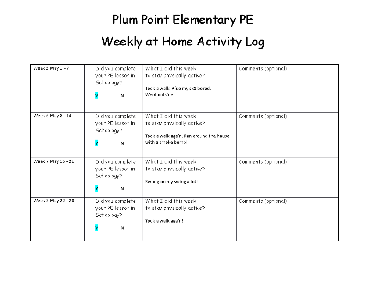 Document Plum Point Elementary PE Weekly at Home Activity Log Week 5