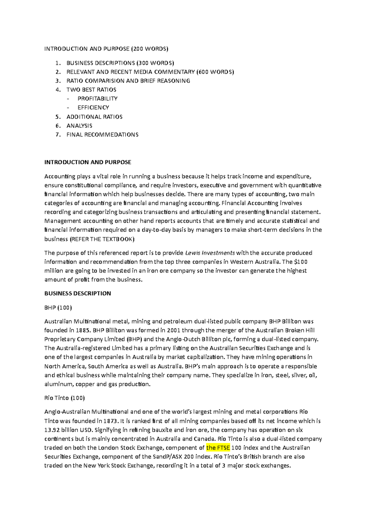 BHP - bhp document - INTRODUCTION AND PURPOSE (200 WORDS) 1. BUSINESS ...