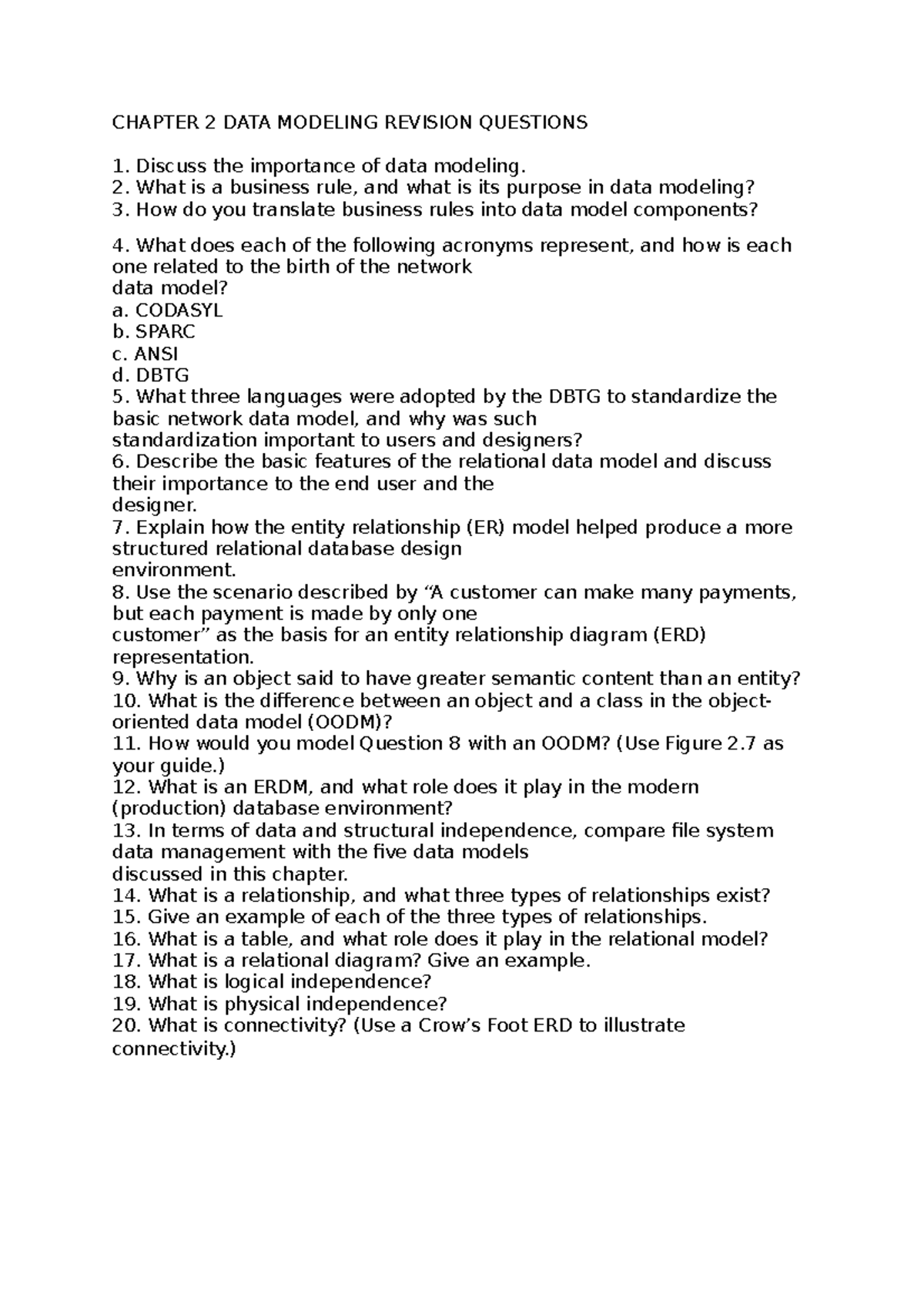 Week 3 Chapter 2 DATA Modeling Revision Questions - CHAPTER 2 DATA ...