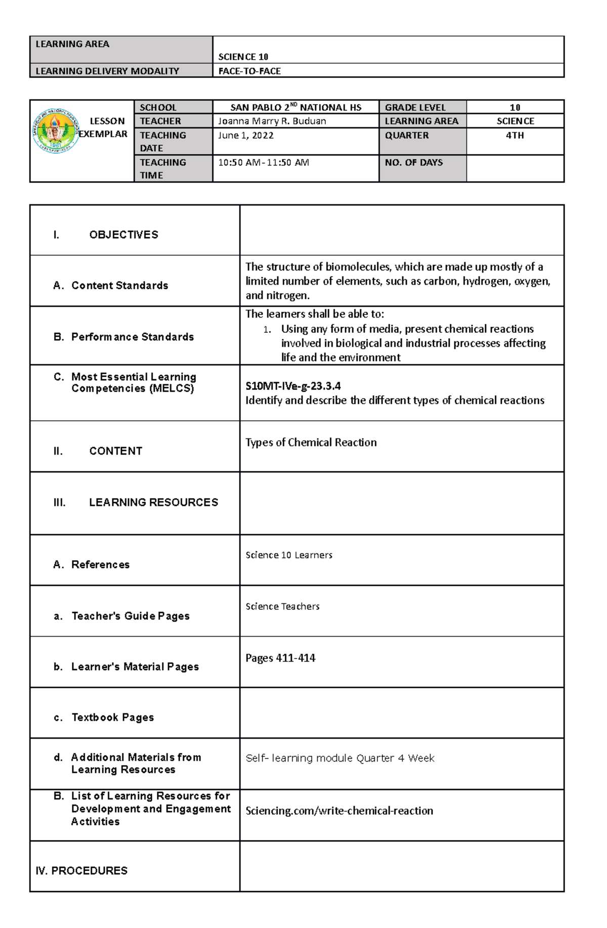 IDEA Lesson Exemplar COT 2 - Copy - LEARNING AREA SCIENCE 10 LEARNING ...