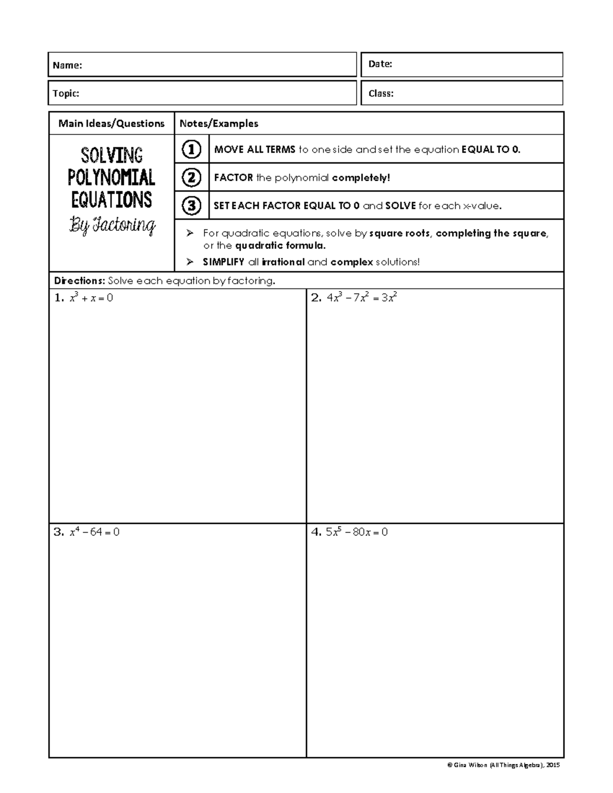 Solving Polynomial Equations by Factoring Notes - Main Ideas/Questions ...