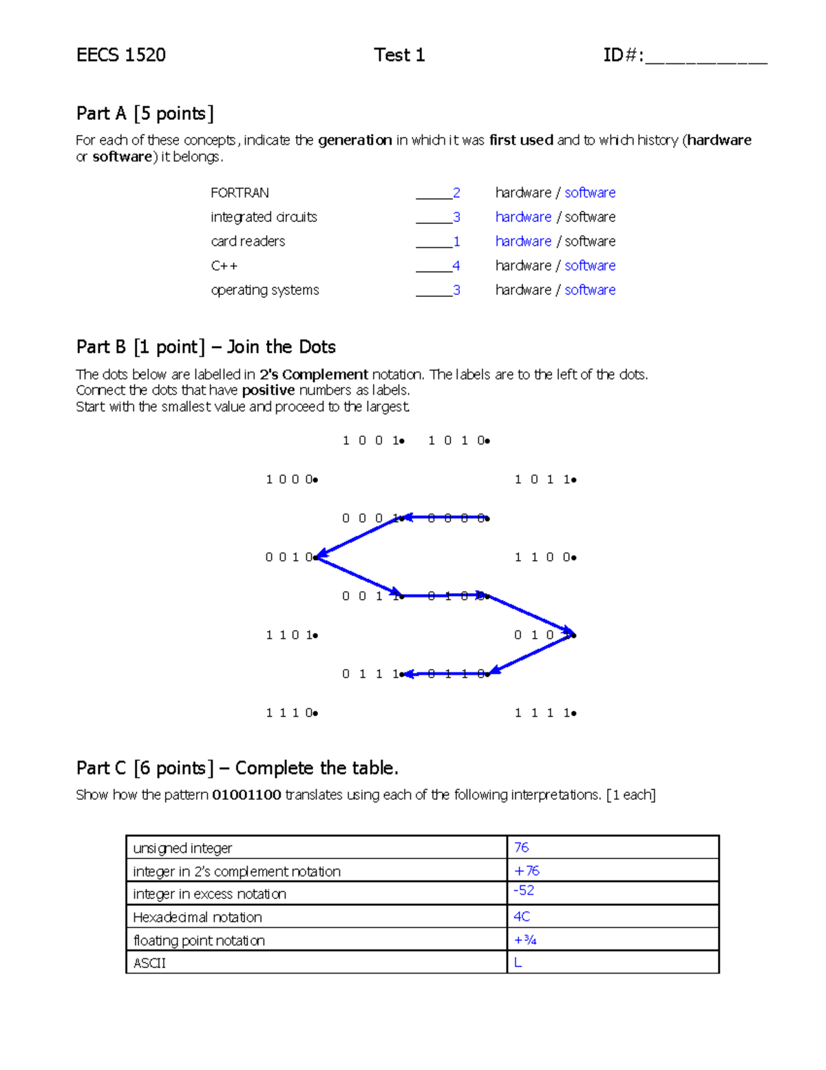 EECS 1520 Test 1 Version 1 - EECS 1520 Test 1 ID#:____________ Part A ...
