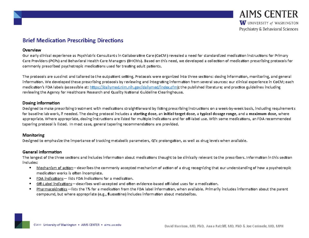 Brief Psychotropic Medication Prescribing Directions - David Harrison ...