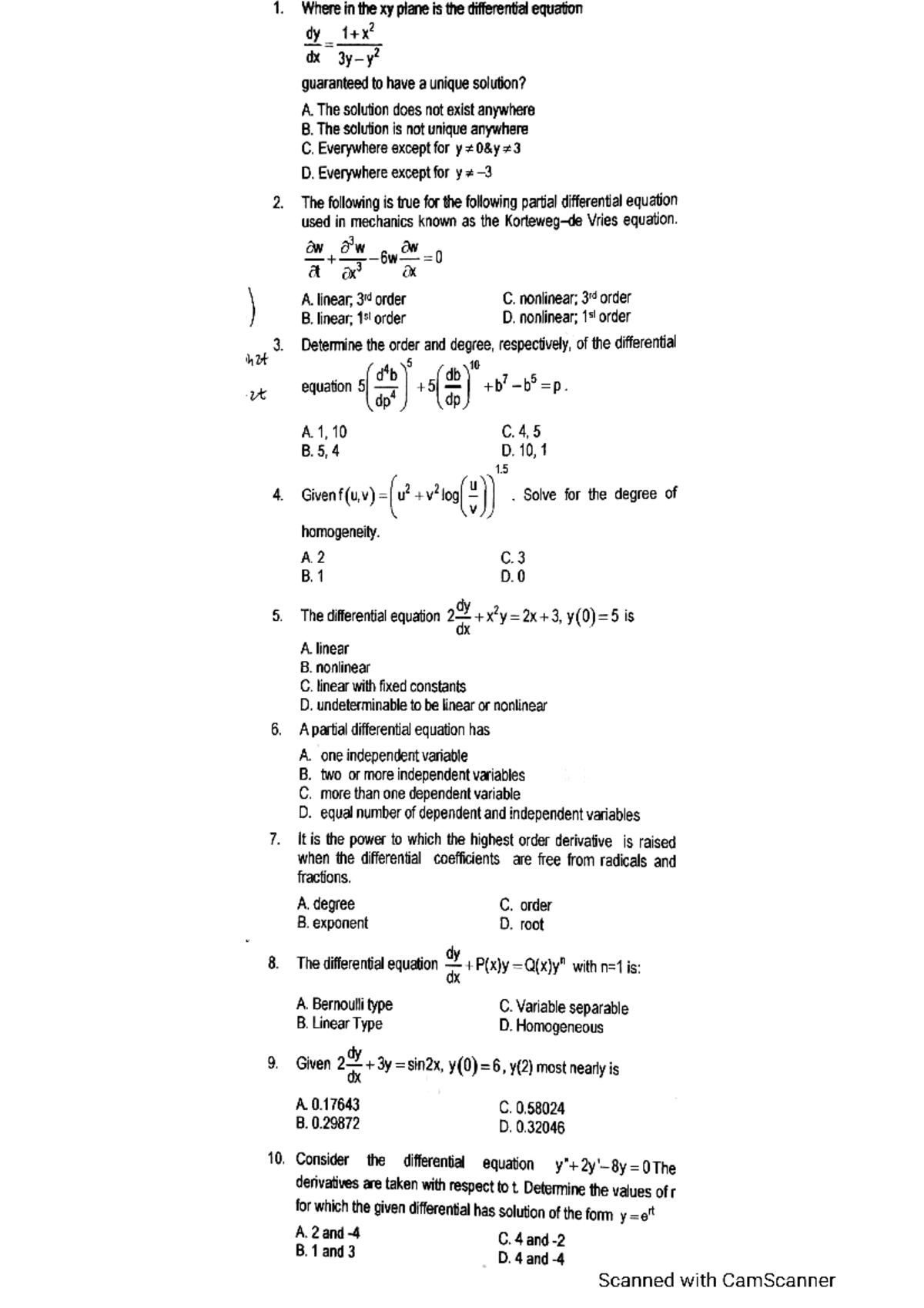 Differential equation 1 take home exam - REE Formulas - USeP - Studocu