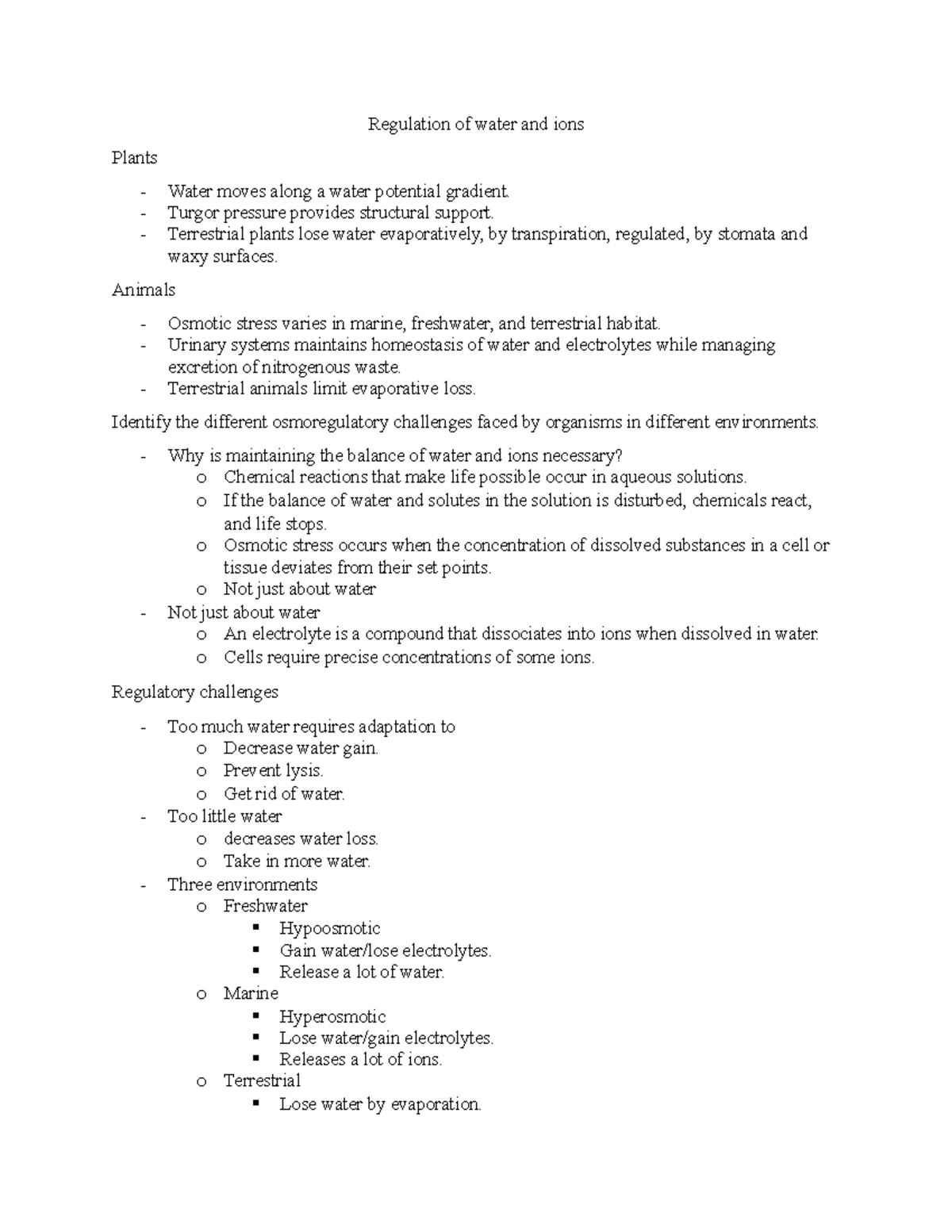 Exam 2 - Notes for the second exam. - Regulation of water and ions ...