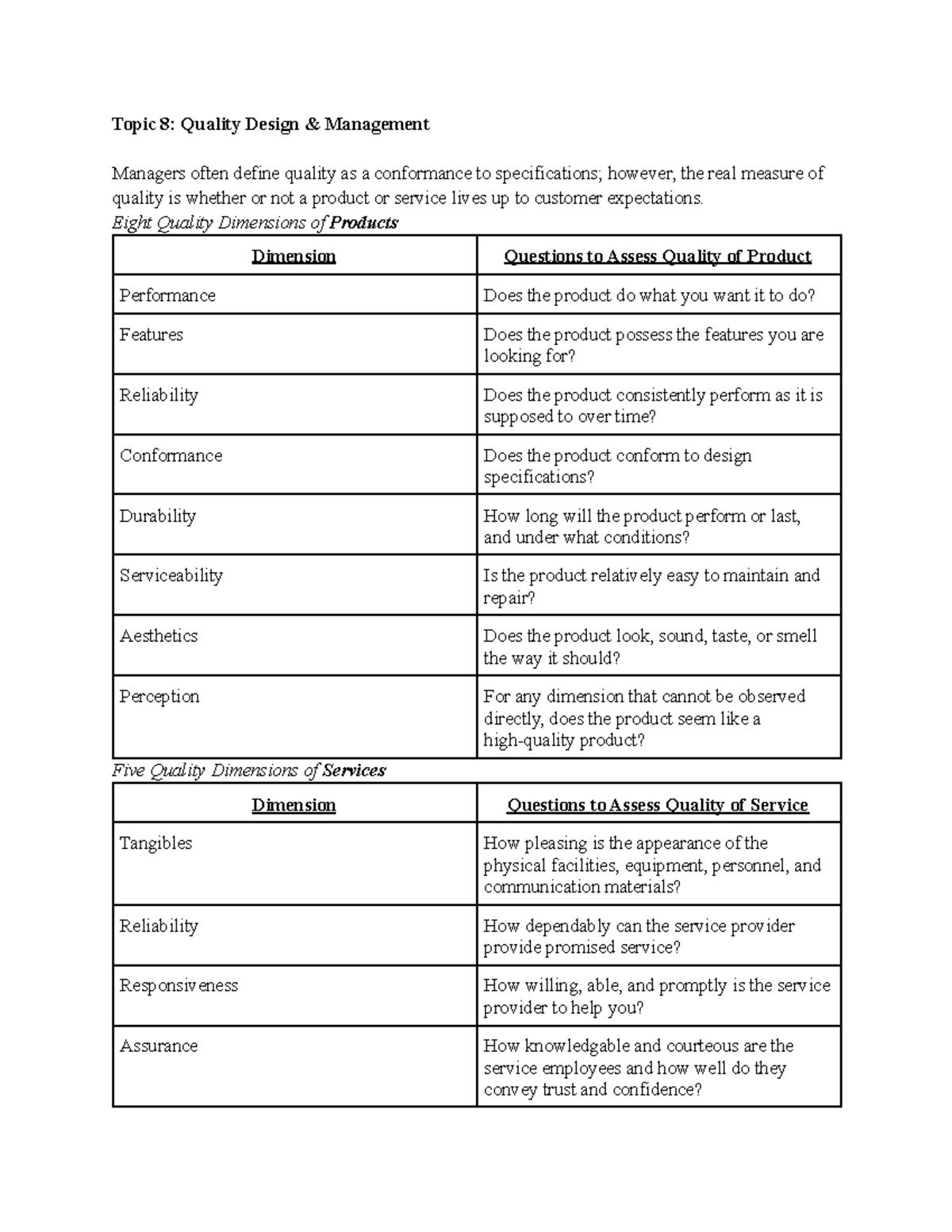 Topic 8 Textbook and Lecture Notes - Topic 8: Quality Design ...