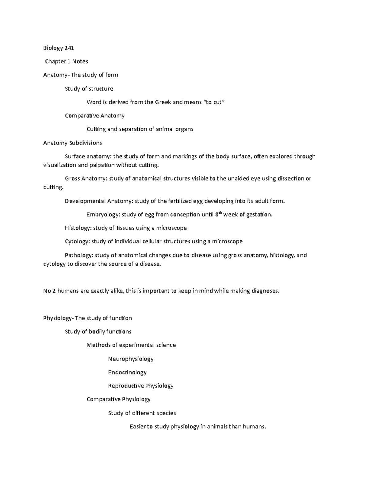 Bio 241 Chapter 1 Notes - Anatomy and Physiology - Biology 241 Chapter ...