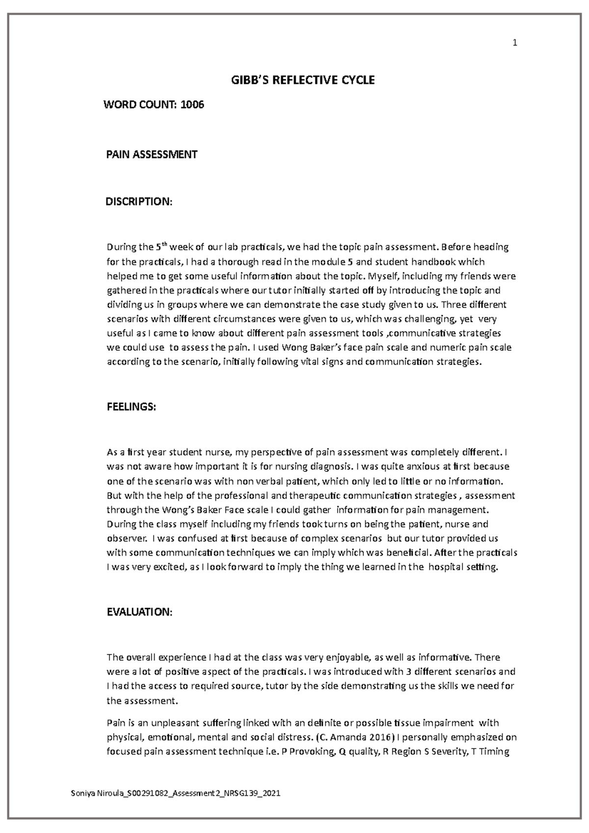 reflective essay on pain assessment