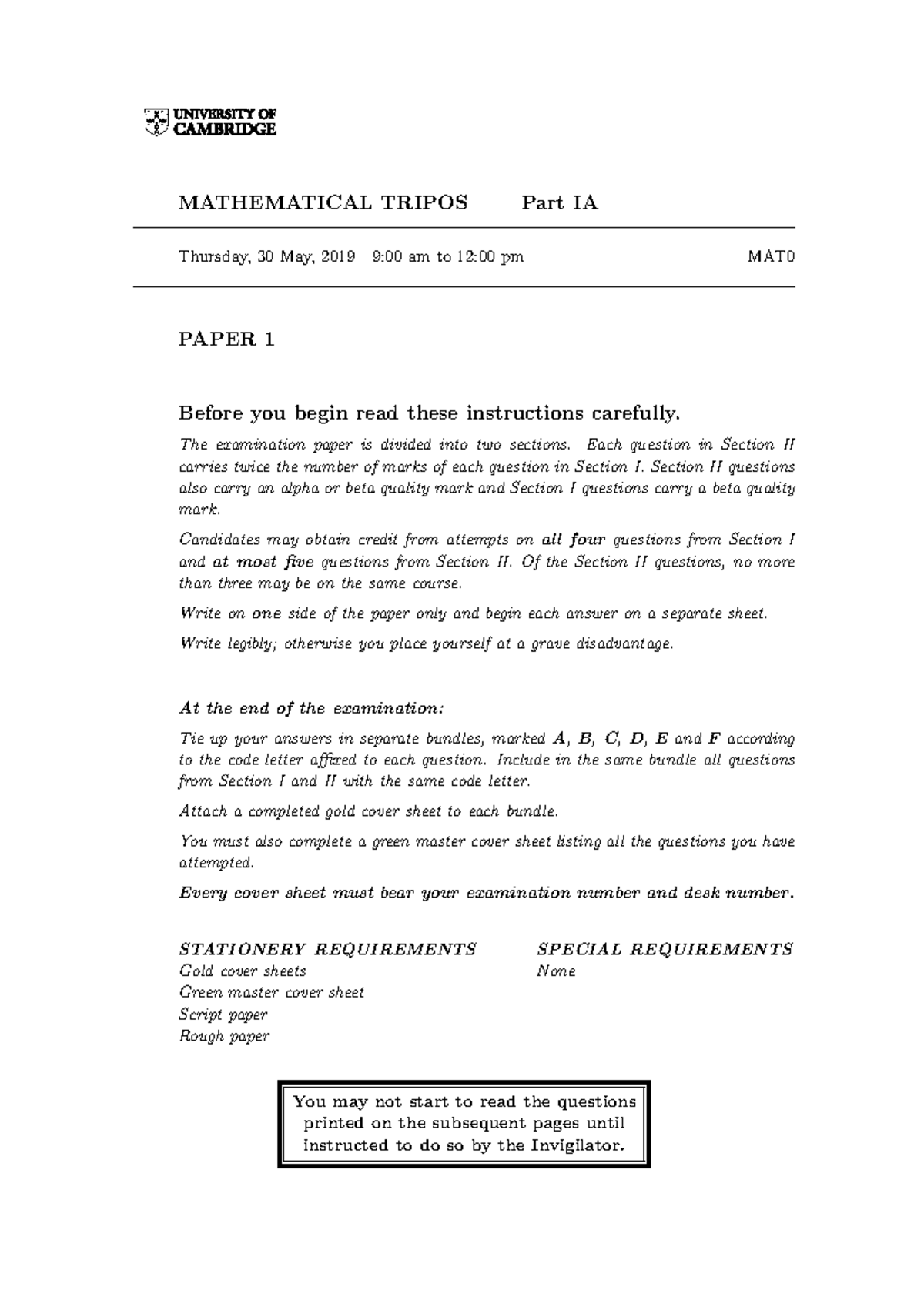 Mathematical Tripos Part IA Examination Papers 2019 - MATHEMATICAL ...